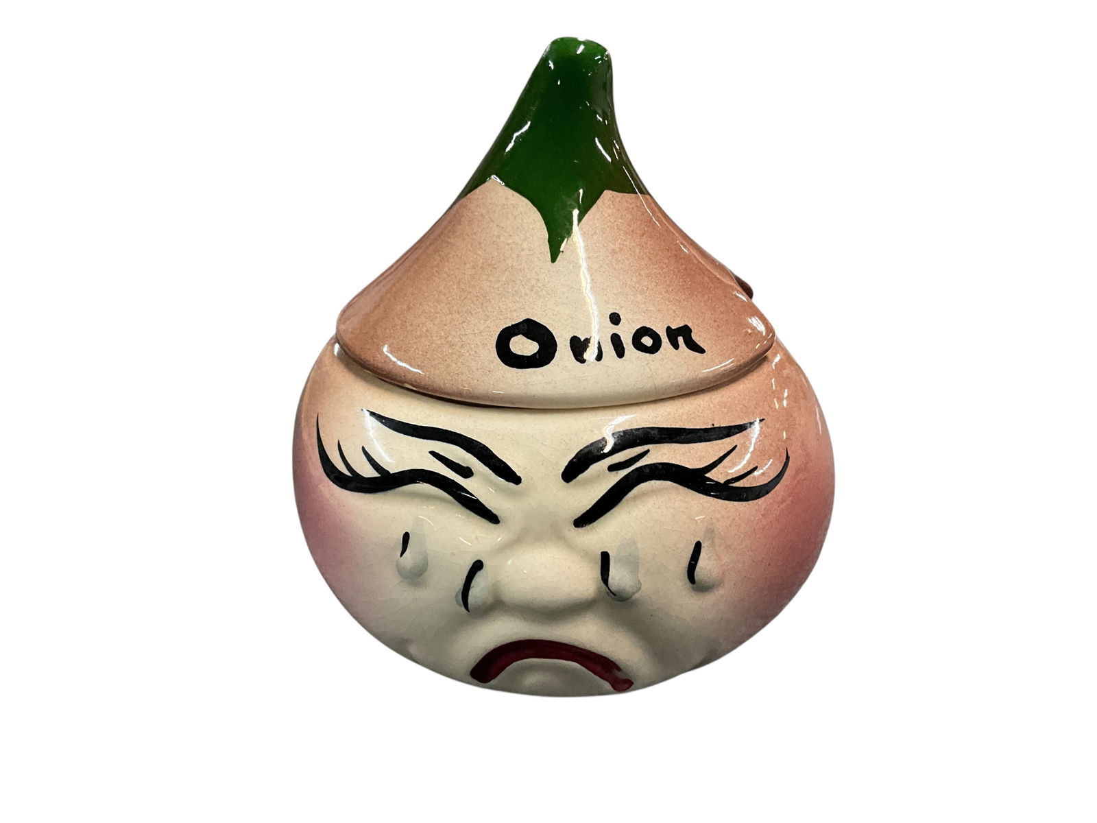Unmarked Hand Painted Onion Jar: Unmarked Hand Painted Onion Jar. Onion head with teary face and stem lid, marked "Onion."
