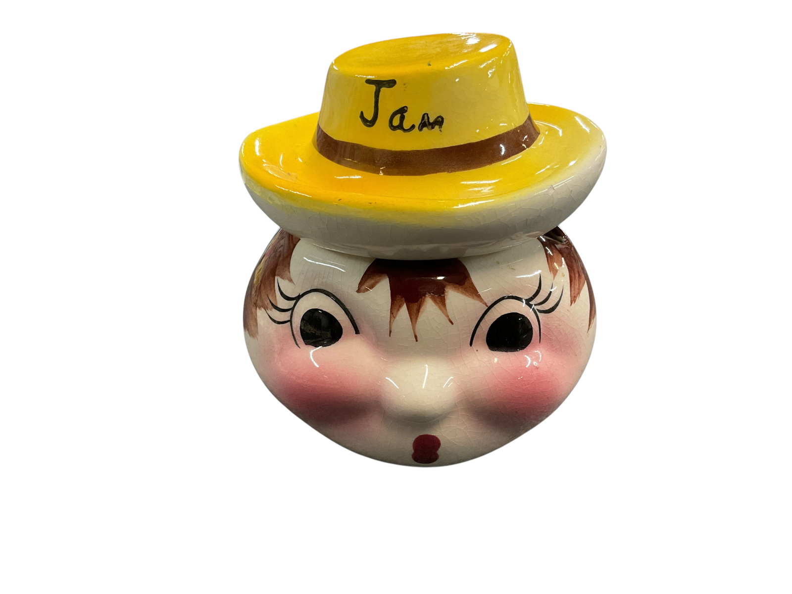 Unmarked Hand Painted Jam Jar: Unmarked Hand Painted Jam Jar. Head with wide-eyed face and hat lid, marked "Jam."