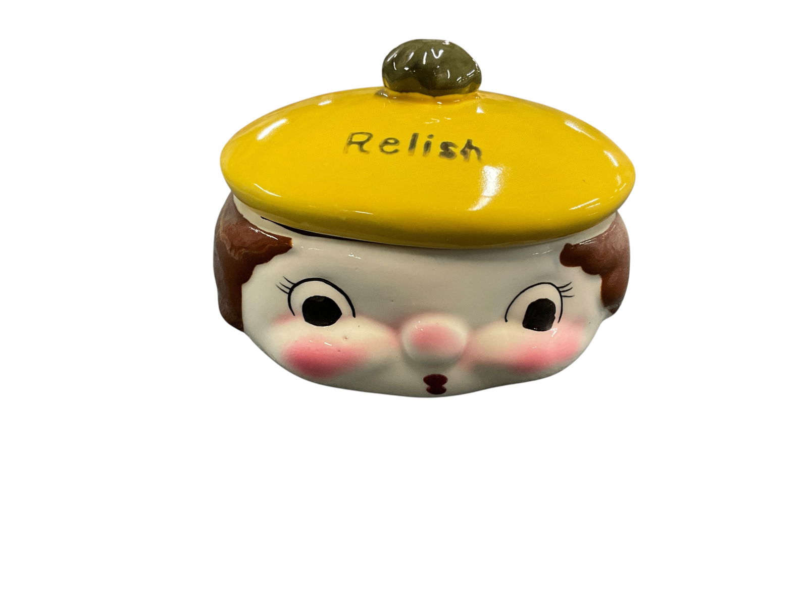 Unmarked Hand Painted Relish Jar: Unmarked Hand Painted Relish Jar. Head with wide-eyed face and hat lid, marked "Relish."