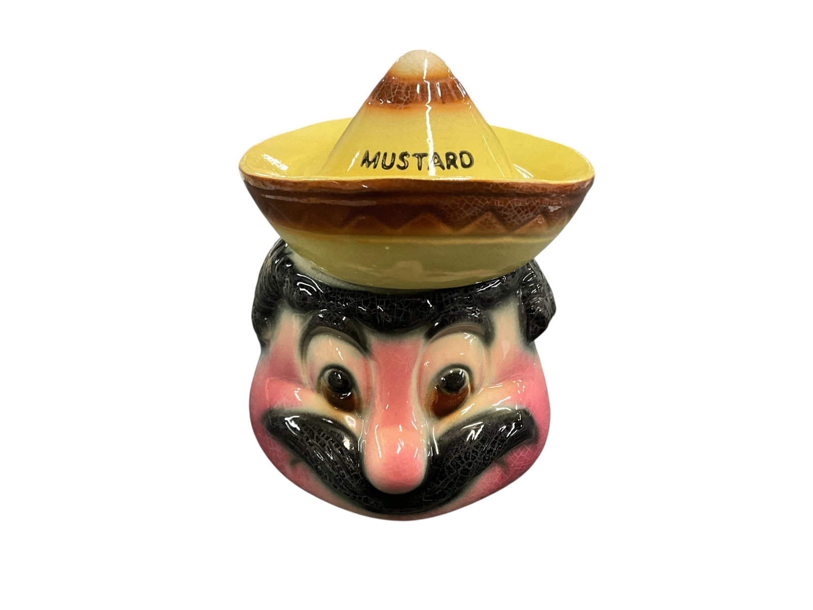 Unmarked Hand Painted Mustard Jar: Unmarked Hand Painted Mustard Jar. Mustachioed Head with wide-eyed and red face, with hat lid, marked "Mustard."