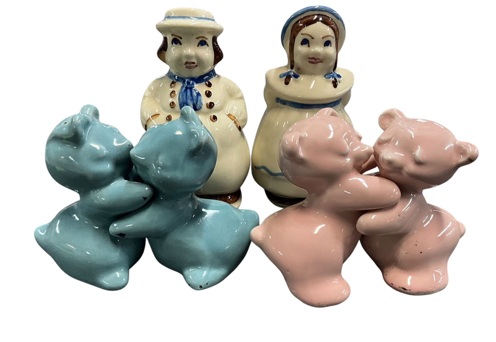 Vintage Kitsch S&P: Shawnee Pottery Dutch Boy and Girl S&P. Two pair of Van Tellingen Huggers, one bunny set and one bear set.