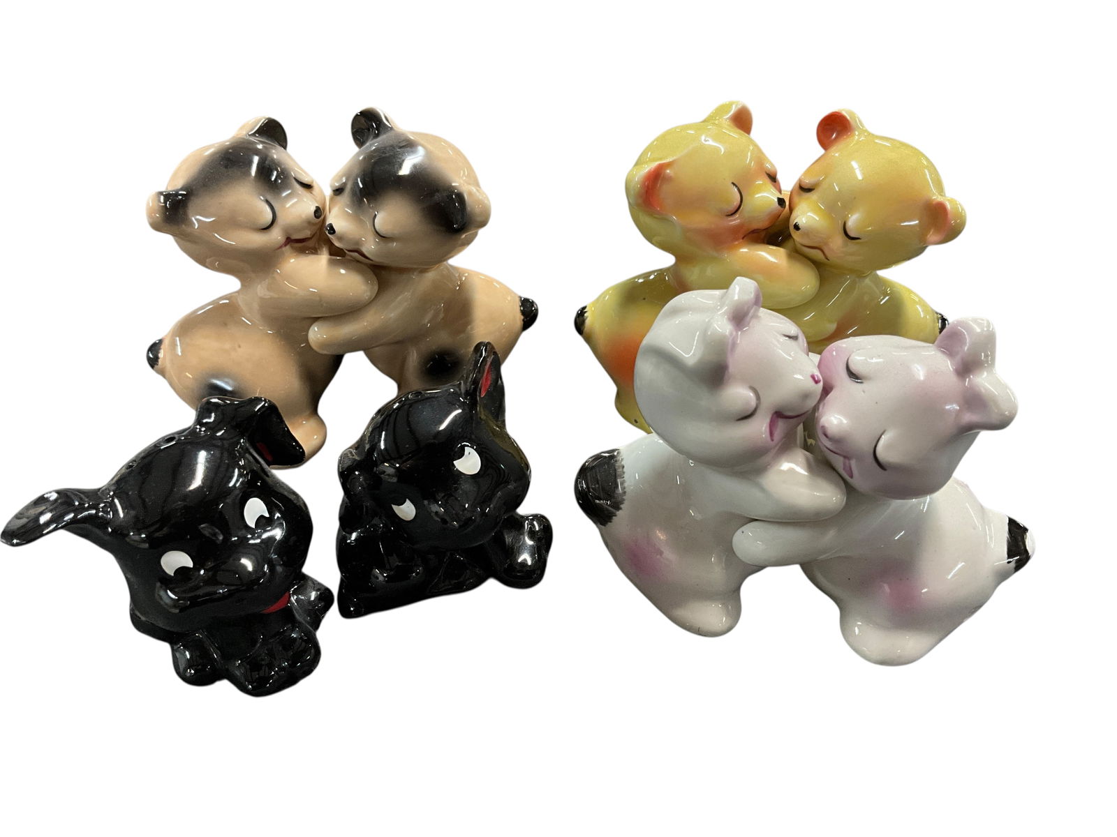 Vintage Van Telligen and Redware Pottery S&P: Collection of three vintage Van Telligen shaker sets. Includes 2 sets of Bears, and a set of Bunnies. Vintage Redware Puppy Salt & Pepper Shakers, High Gloss Black Glaze, Made in Japan