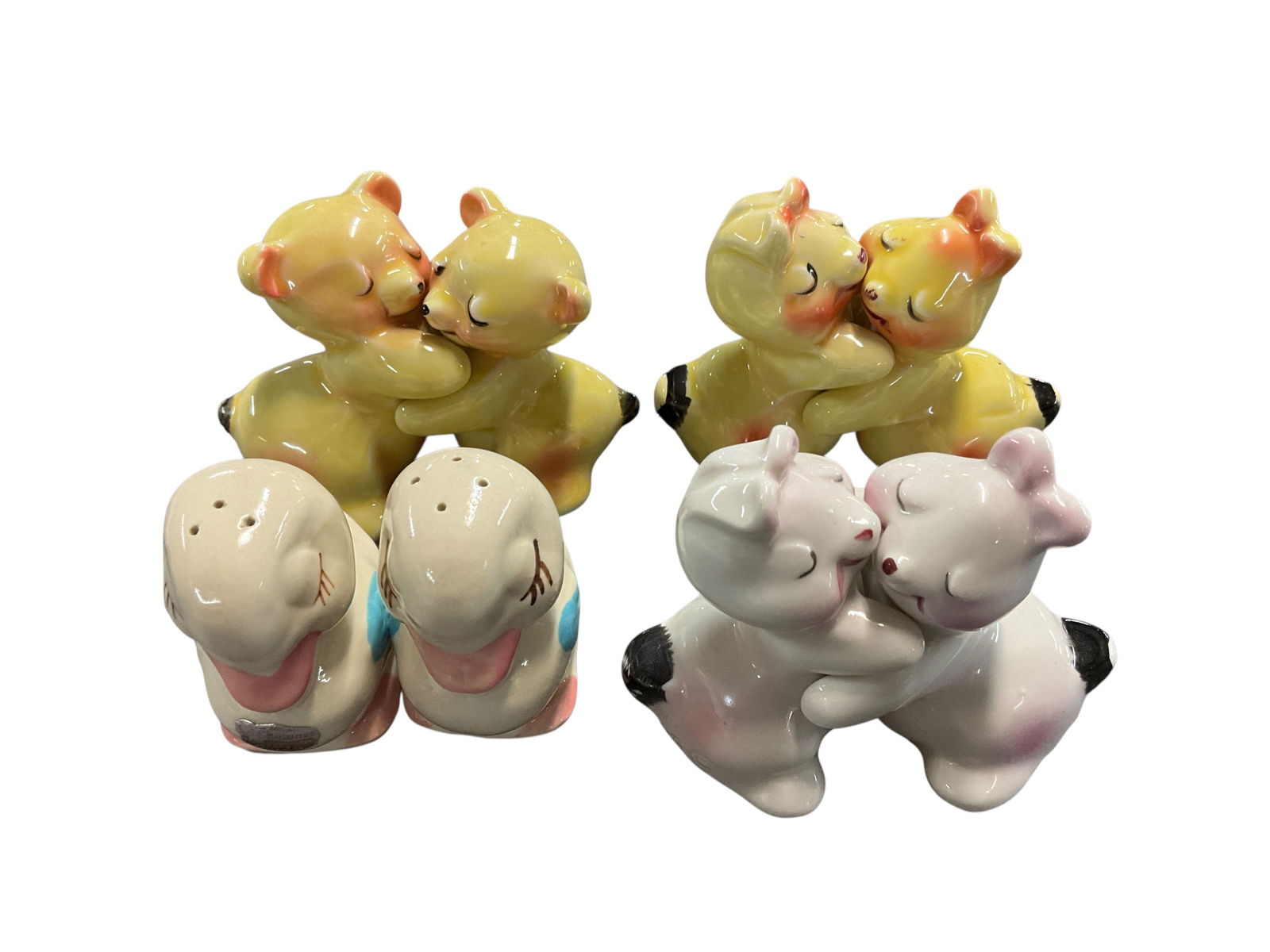 Vintage Van Telligen and Shawnee Pottery S&P: Collection of three vintage Van Tellingen shaker sets. Includes 2 sets of bunnies, and a set of Bears. Also a fun set of Shawnee Ducks S&P Shakers.