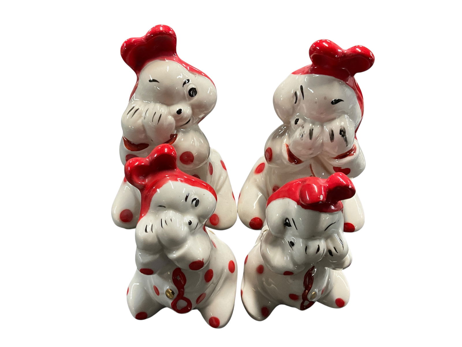 Vintage Van Telligen S&P: Vintage Van Tellingen Peek A Boo Salt and Pepper Shaker 5? set with red painting and polka dots. Also a 4" set with red painting and polka dots .