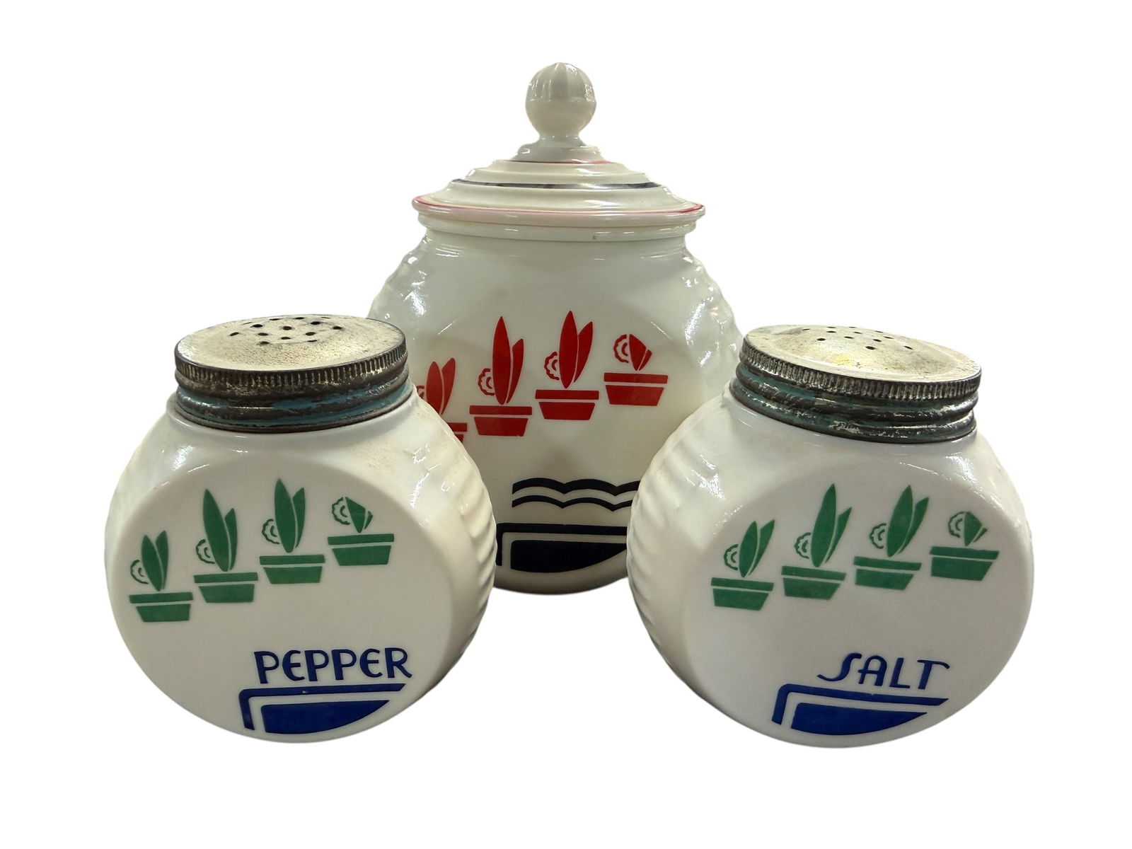 Vintage Fire King: Vintage Fire King Vitrock Flower Pot Salt Pepper Shaker (Green) and Grease Jar (Red). Reactive-uranium.