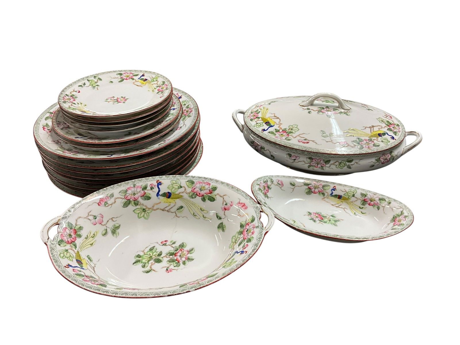 Nippon Bird of Paradise/Peacock China: Handpainted, heavy china in a very nice bird and flower pattern, pre 1921. Plates of different sizes and serving pieces. There is some wear to several pieces, and some cracks. Please see photo's