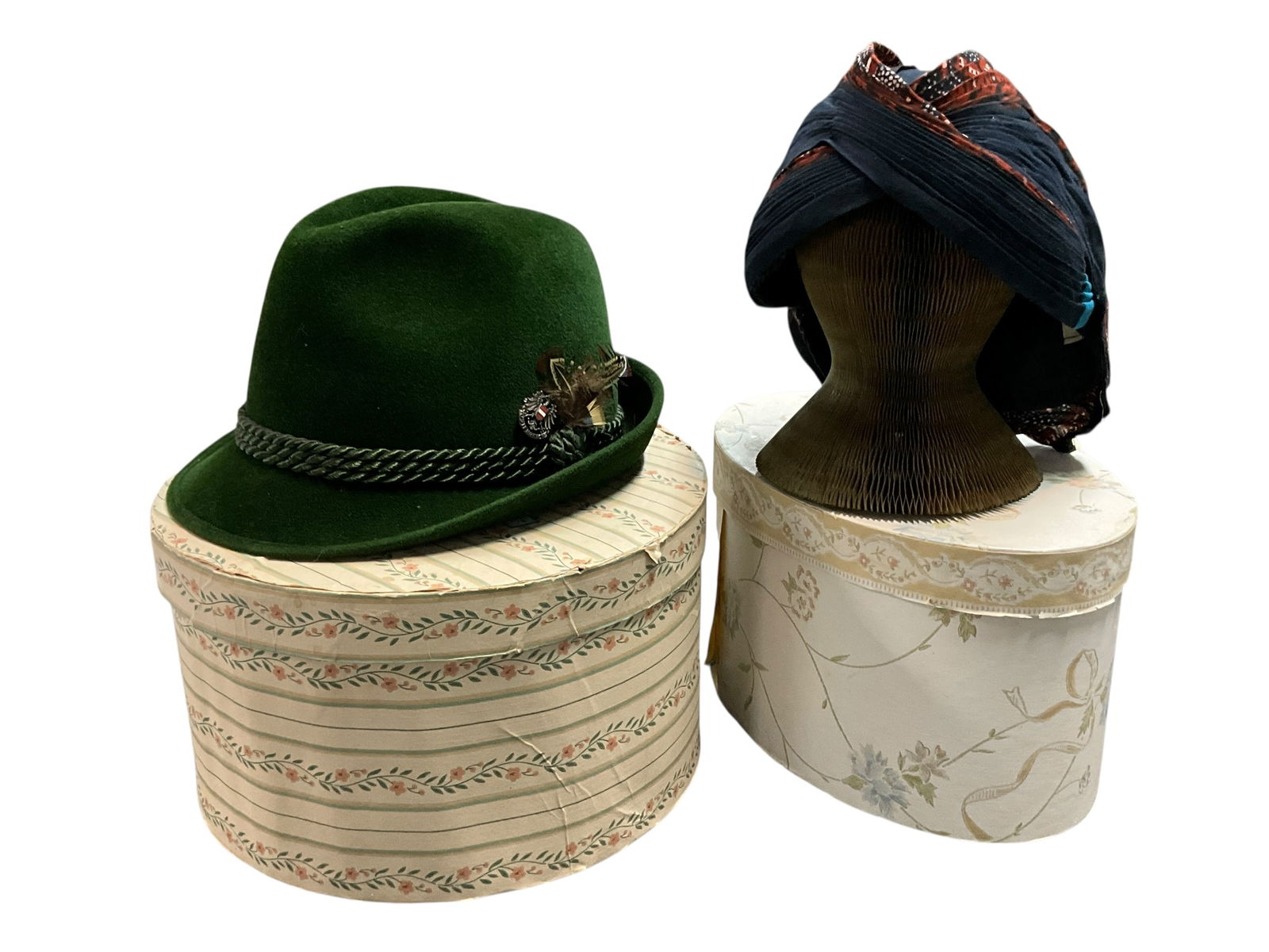 Pair of Vintage Mens Hats: A vintage green wool felt Tyrolean Alpine hat. A vintage batik Bali Javanese headdress.