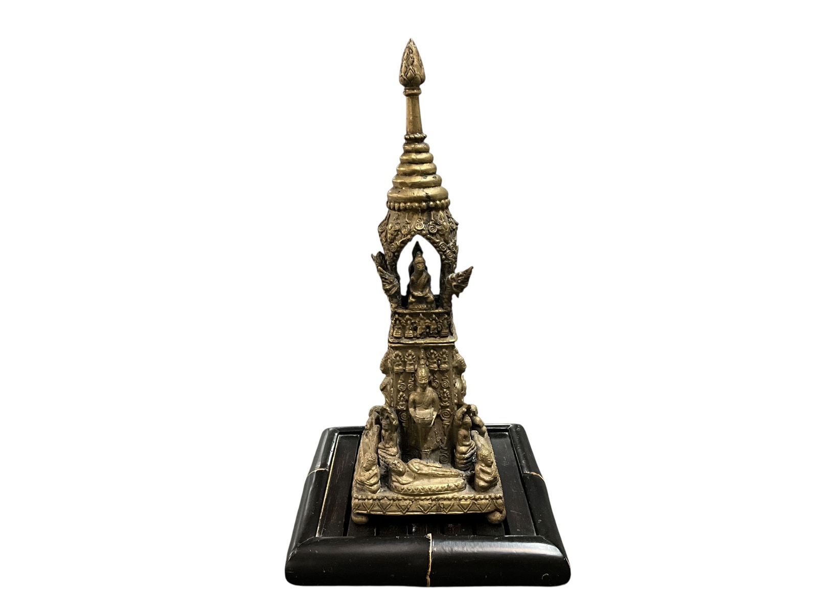 Thai Reliquary: Vintage Thai bronze stupa reliquary models, often called Chedi or Prang models, are symbolic miniature structures used in Buddhist practice to house sacred relics, texts, or as objects of devotion. Th