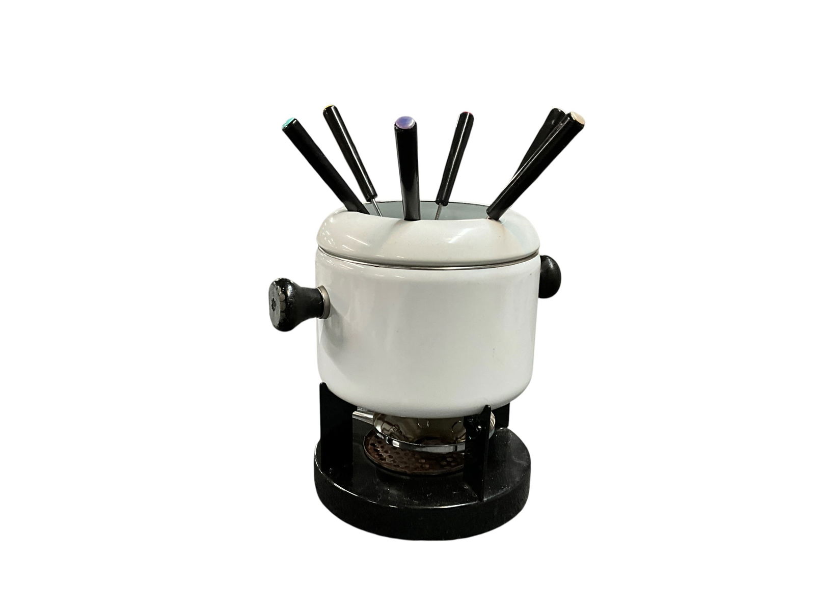 MCM Fondue Pot: Vintage white enamel fondue set with 6 fondue forks with colored tips. Set is complete with the pot, stand, forks and sterno holder.