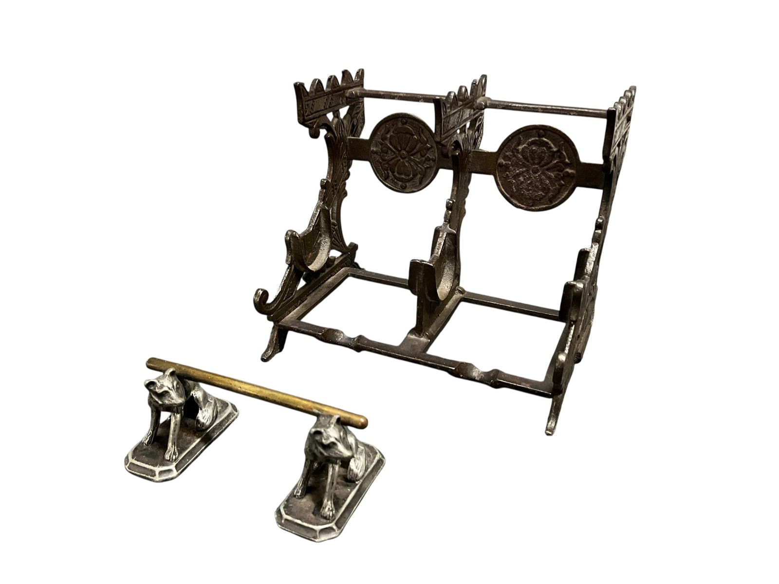 Antique Inkwell and Pen Stands: Eastlake style black ornate cast iron double inkwell stand. Very nice vintage metal Fox knife/pen rest.