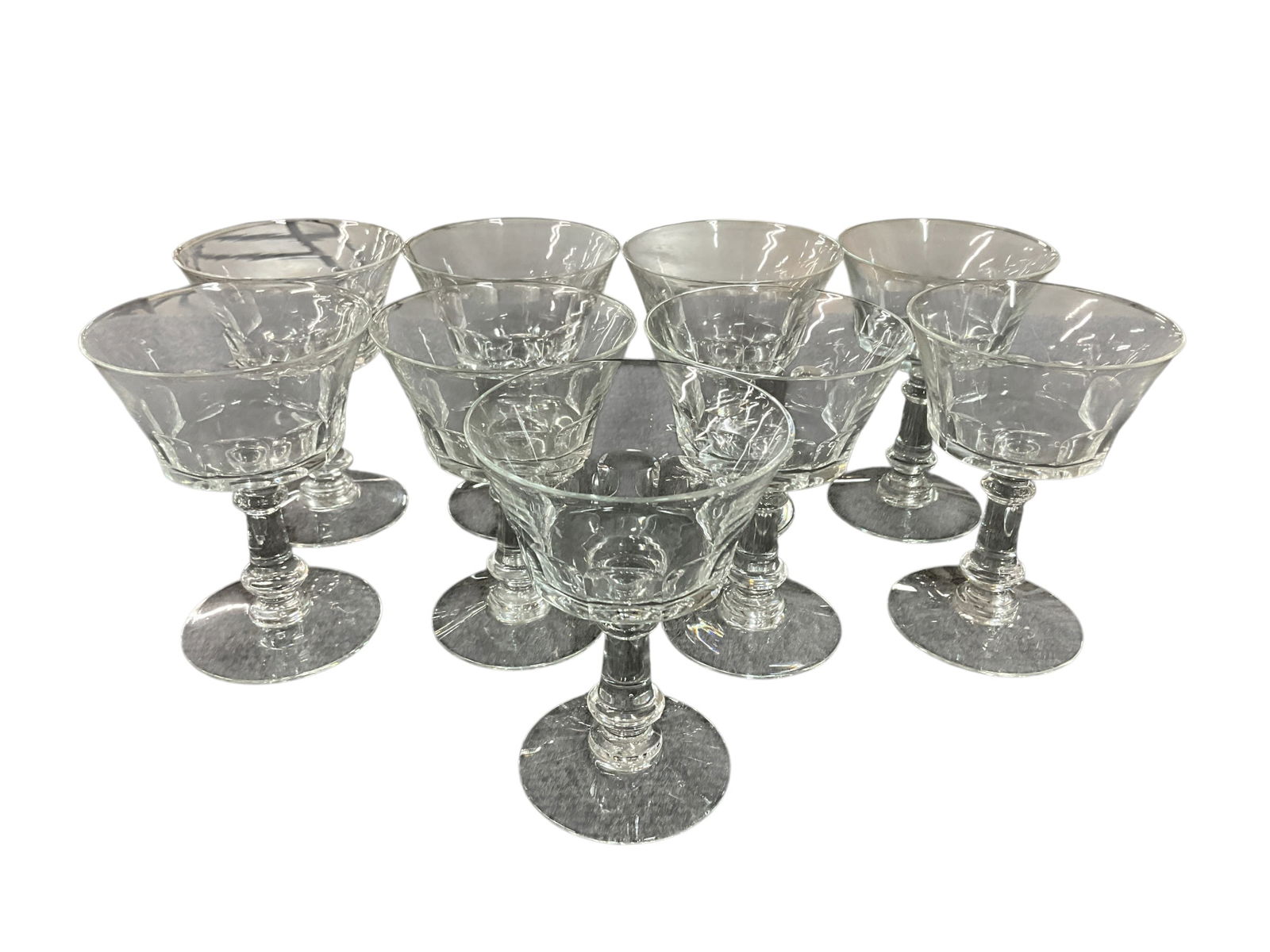 Fostoria Stemware: Set of 9 Fostoria Dolly Madison (produced 1939-1973) champagne coupe or tall sherbet. 5" .
