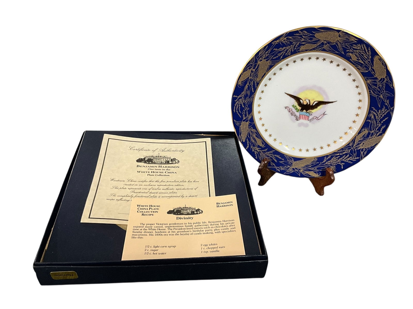 White House China Plate: Woodmere China White House Dessert Collection Plate - Benjamin Harrison. Includes original box, Certificate of Authenticity and Divinity Recipe.