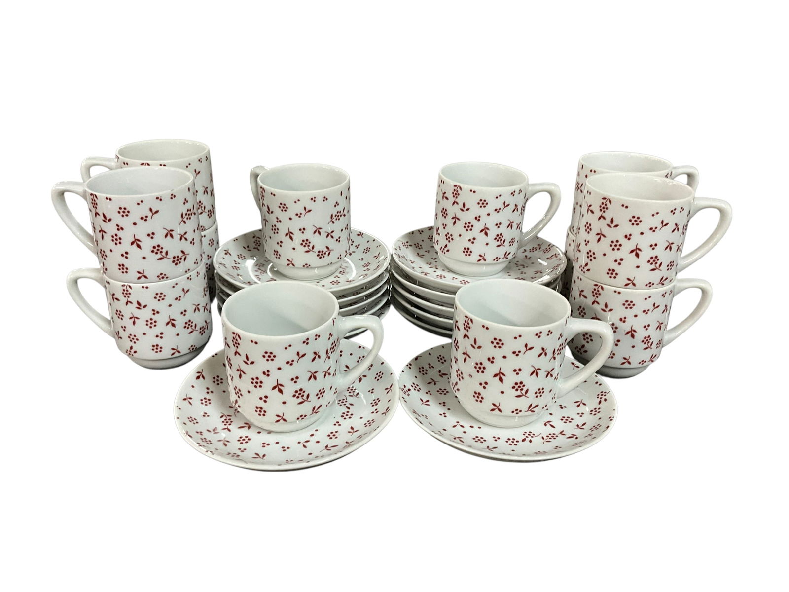 Espresso Demitasse Tea Cups & Saucers: Set of 12 Schmidt Skandia Porcelain Espresso Demitasse Tea Cups & Saucers. Sprig Pink pattern.