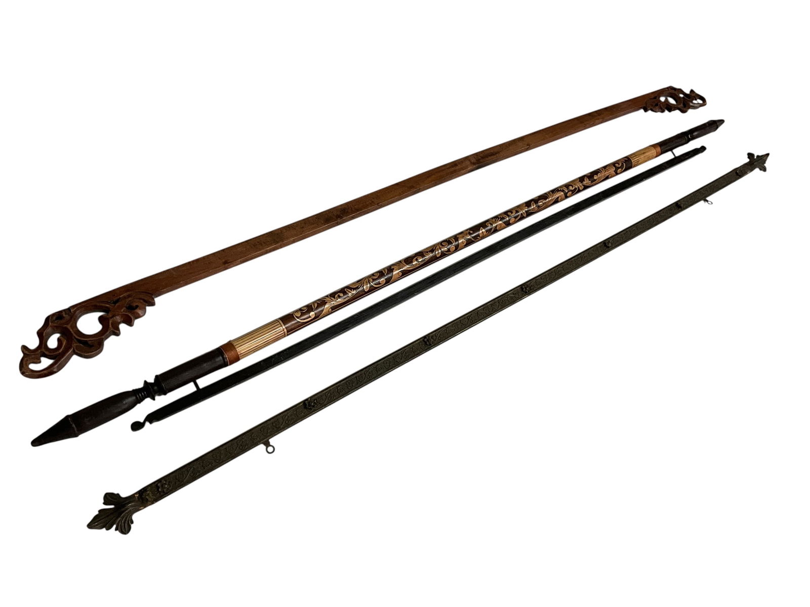 Trio of Vintage Decorative Rods: A very old embossed metal tapestry hanger. A wonderful carved textile rod. A third wooden rod with carved scrollwork ends.