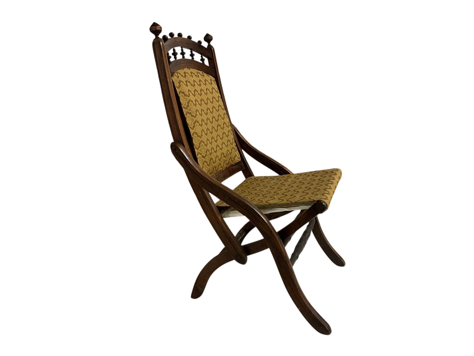 Antique Folding Chair: 19th Century Antique Eastlake small folding rocking chair, adorned with wonderful painted faux wood grain. Reupholstered with lovely woven fabric-new, but period appropriate.