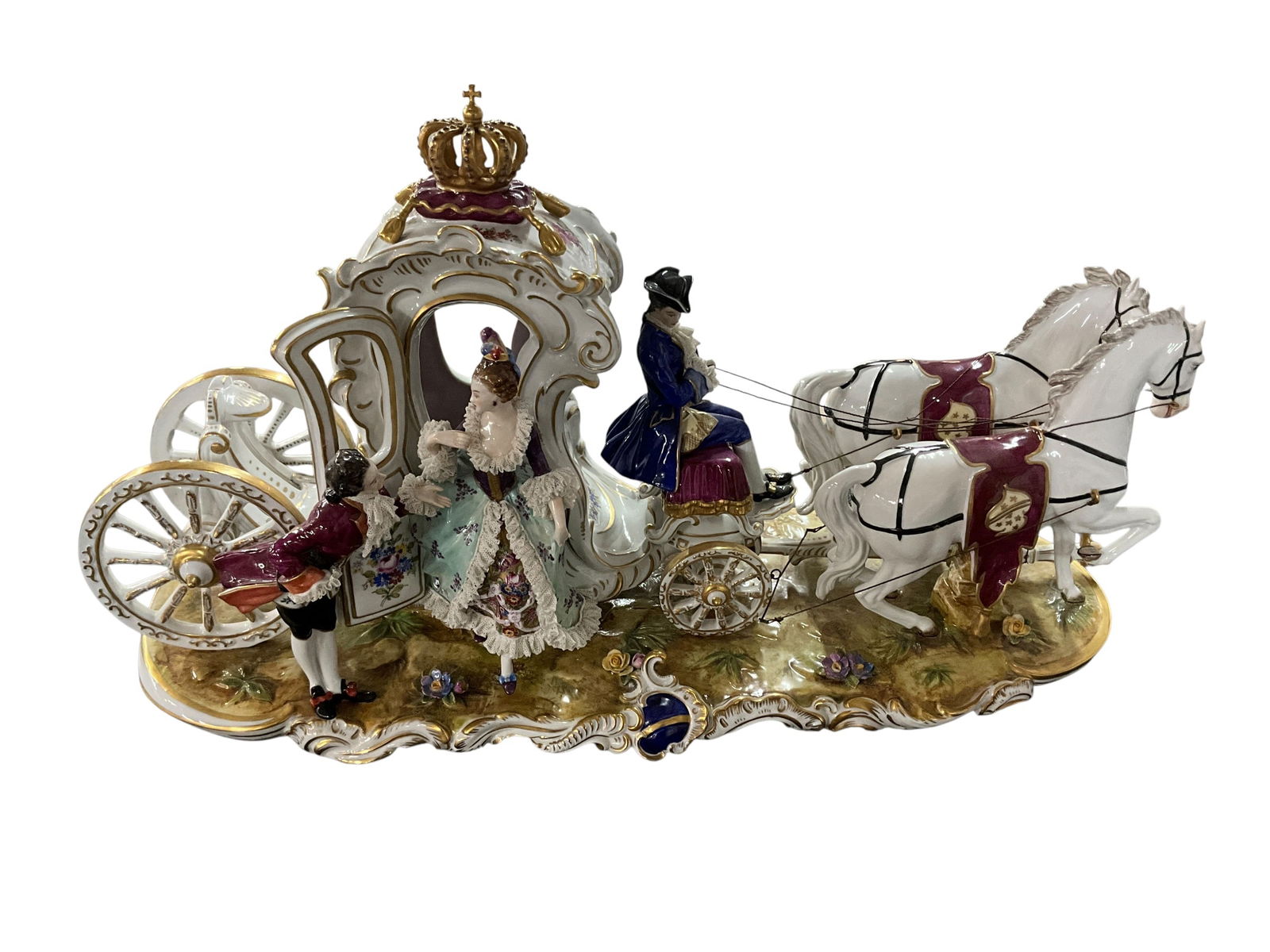 German Volkstedt Dresden Lace Carriage Coach with Horses Figurine: Beautiful Dresden figurine or figural group by Volkstedt of Germany. This is a stunning 20th century Volkstedt porcelain masterpiece depicts a two-horse drawn carriage with royal lady exiting door. Dr