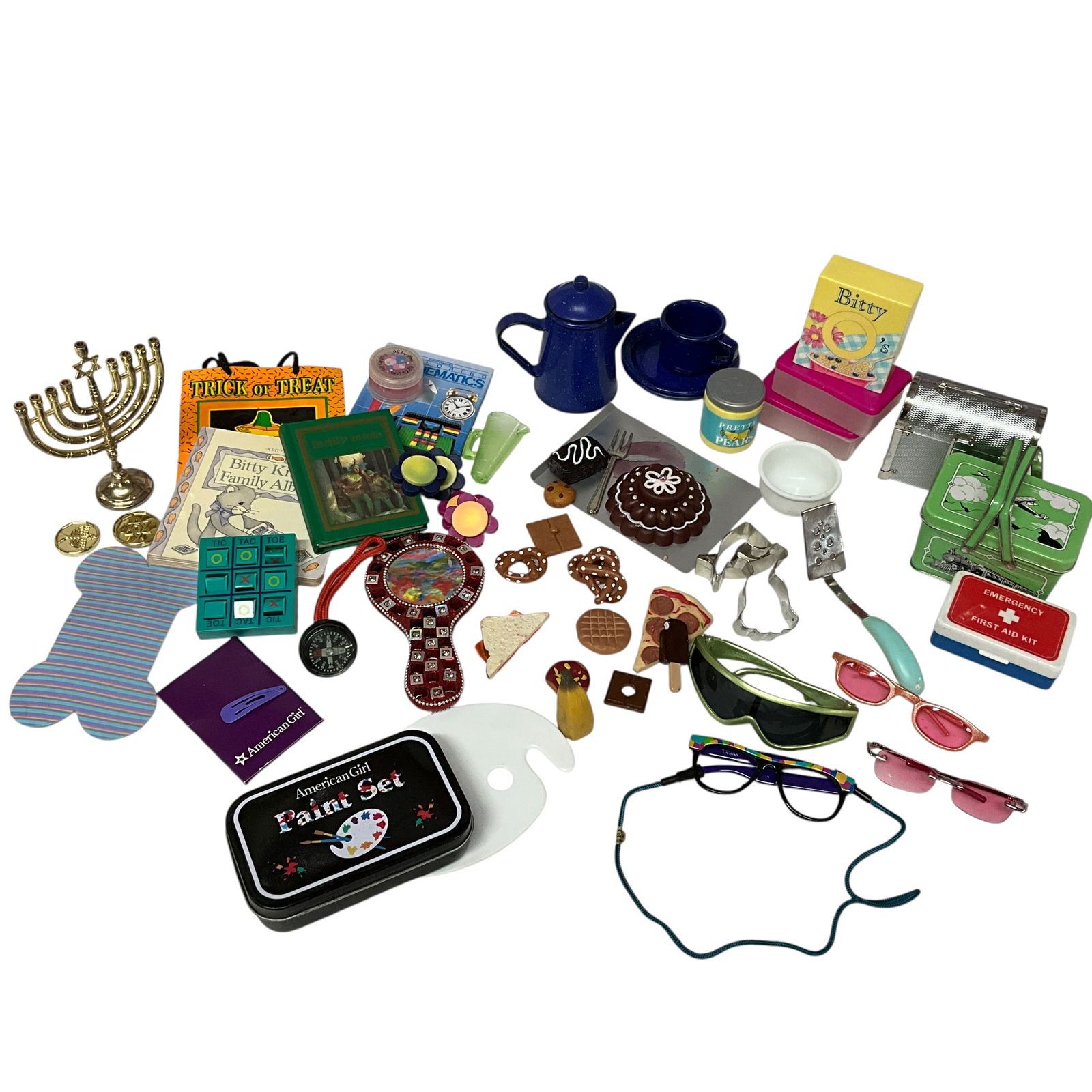 Vintage American Girl Doll Accessories: Collection of American Girl smalls and accessories. Includes food, sunglasses, books and decor.
