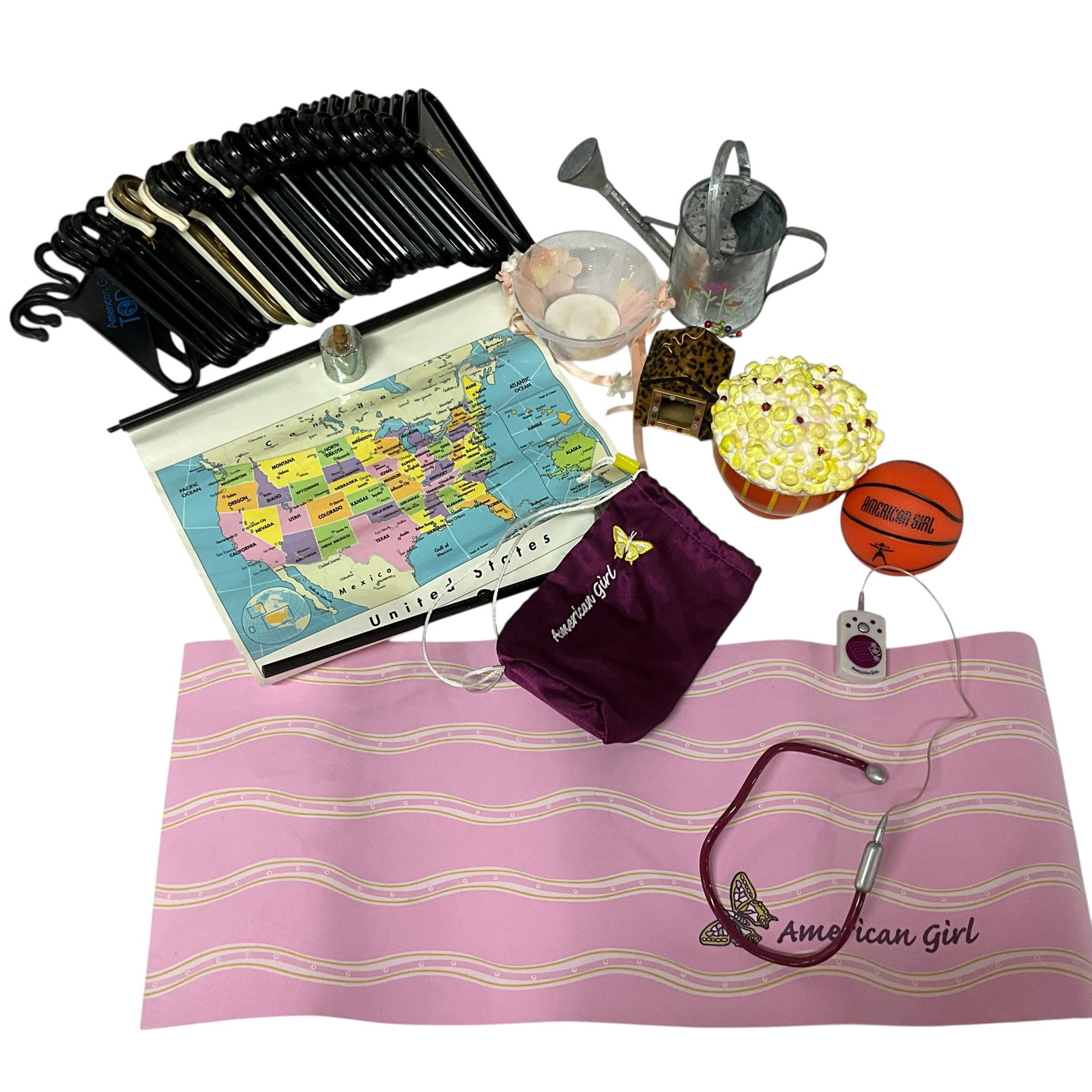 Vintage American Girl Doll Accessories: Group of American Girl hangers, Yoga mat and case, Basketball and other fun accessories.