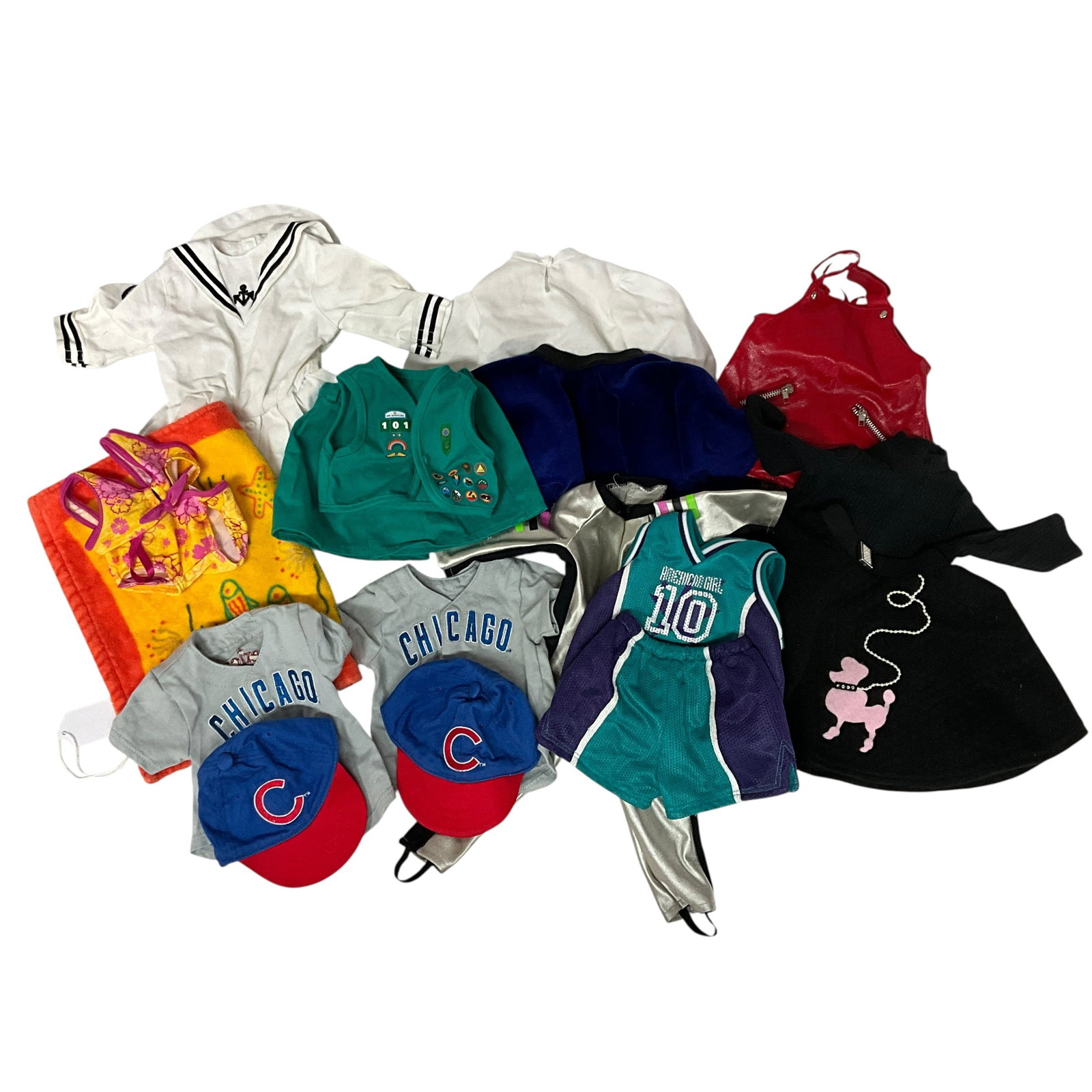 Vintage American Girl Doll Clothing: Lot of Vintage American Girl Clothing lot. Includes Red Vinyl Jumper, 2003 Talent Show Outfit and the Sparkling Mermaid Outfit.