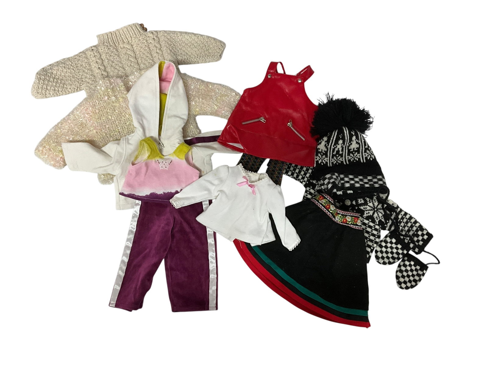 Vintage American Girl Doll Clothing: Lot of Vintage American Girl Clothing lot. Includes Kirsten's Winter Woolens Outfit, Red Vinyl Jumper and Warm Up Outfit.