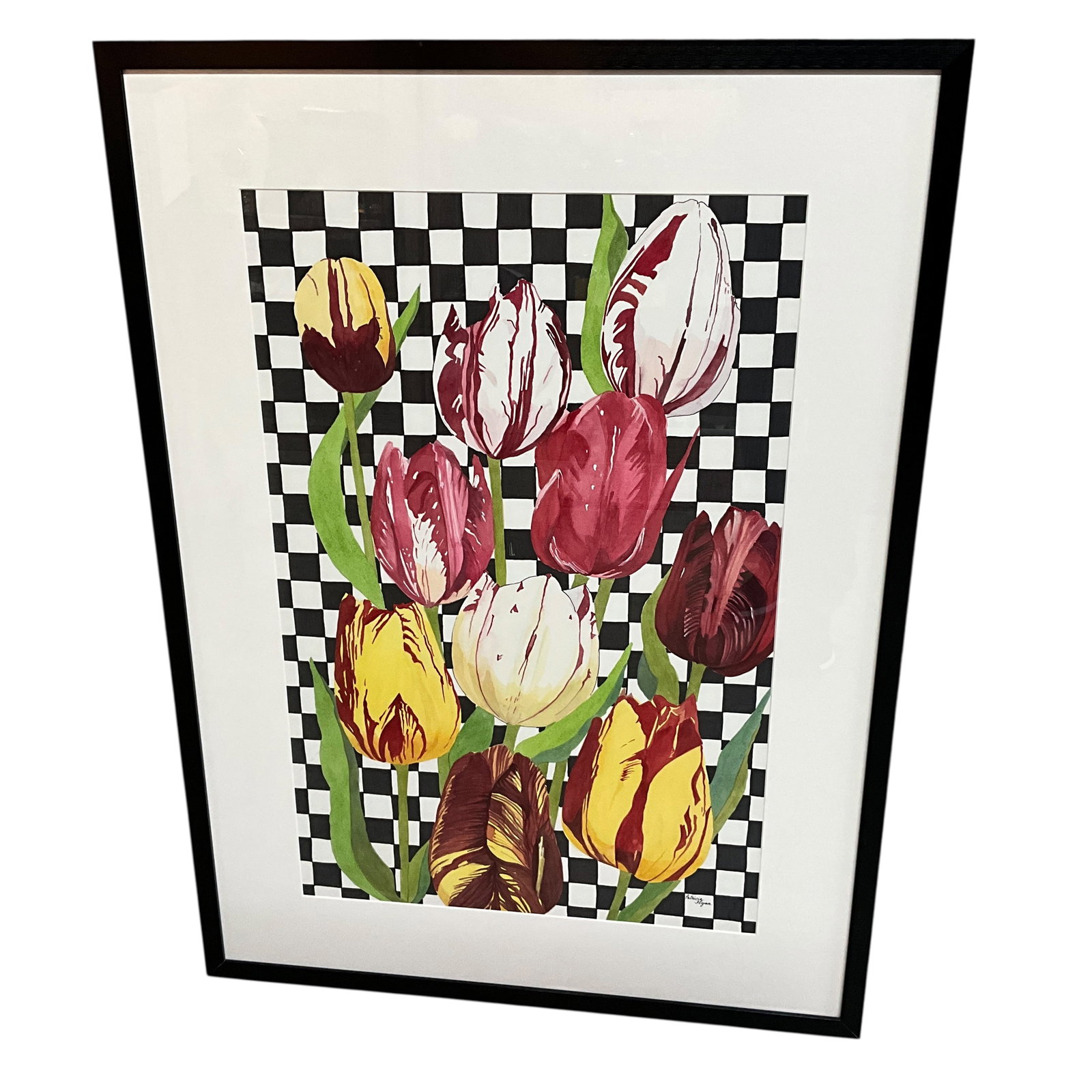 Patricia Flynn (American, b. 20th Century) "Checkerboard Tulips," Watercolor on Paper Holland, MI: Patricia Flynn (American, 20th Century) "Checkerboard Tulips," Watercolor on Paper. Holland, MI artist Patricia Flynn specializes in floral watercolors, and she is especially adept in this medium. Thi