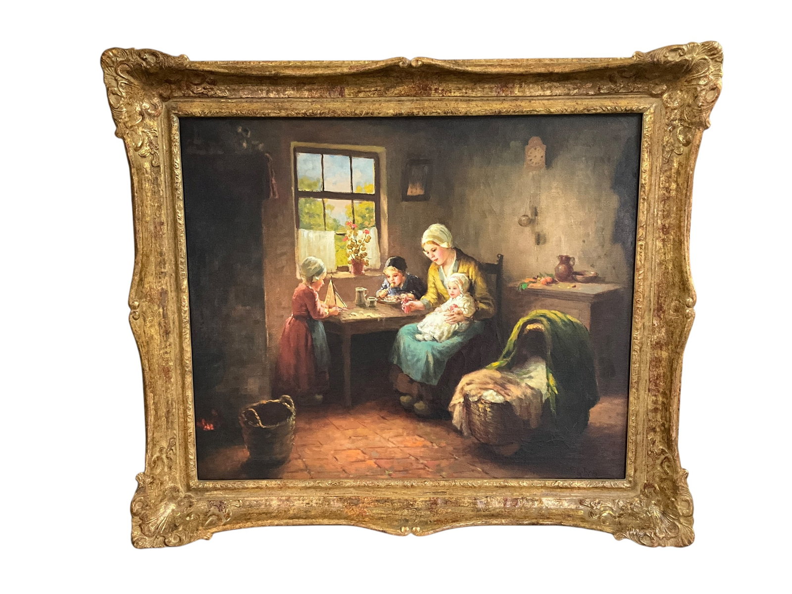 F. G. Grust (Dutch, 1860-1930) "Family in a Cottage," Oil on Canvas: F. G. Grust (Dutch, 1860-1930) "Family in a Cottage," Oil on Canvas. From the collection of the Kruizenga Art Museum at Hope College, Holland, MI. Measures 32" X 37" OA, and 24" X 29.5" SS. Nicely fra