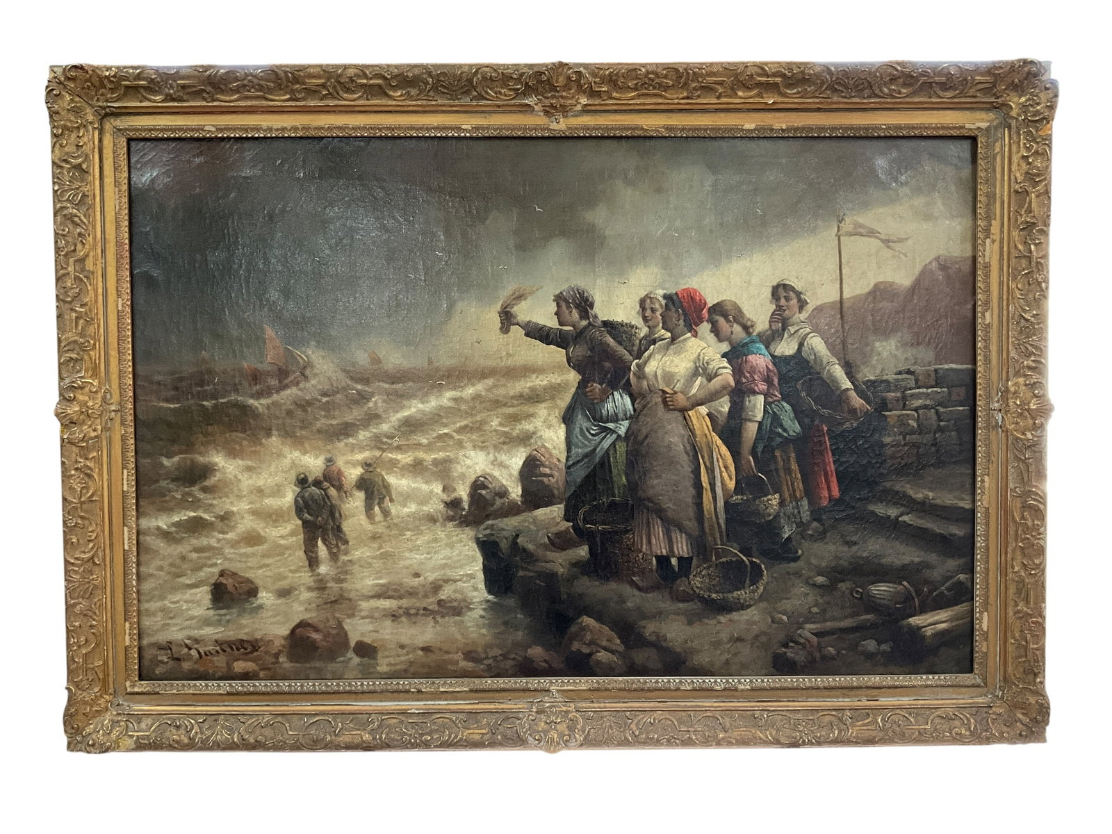 Louis Gartner (German-Dutch, 1800-1900) "Stormy Return," Oil on Canvas: Louis Gartner (German-Dutch, 1800-1900) "Stormy Return," Oil on Canvas. From the collection of the Kruizenga Art Museum at Hope College, Holland, MI. Measures 33" X 48" OA, and 26" X 41" SS. Period