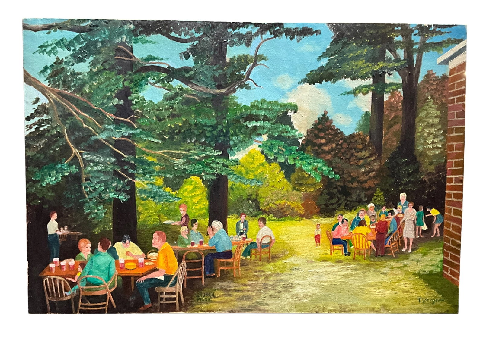 Teunis Vergeer (Dutch-American, 1909-1988) "Church Picnic," Oil on Canvas: Teunis Vergeer (Dutch-American, 1909-1988) "Church Picnic, Messina Methodist Church" Oil on Canvas. From the collection of the Kruizenga Art Museum at Hope College, Holland, MI. Unframed painting meas