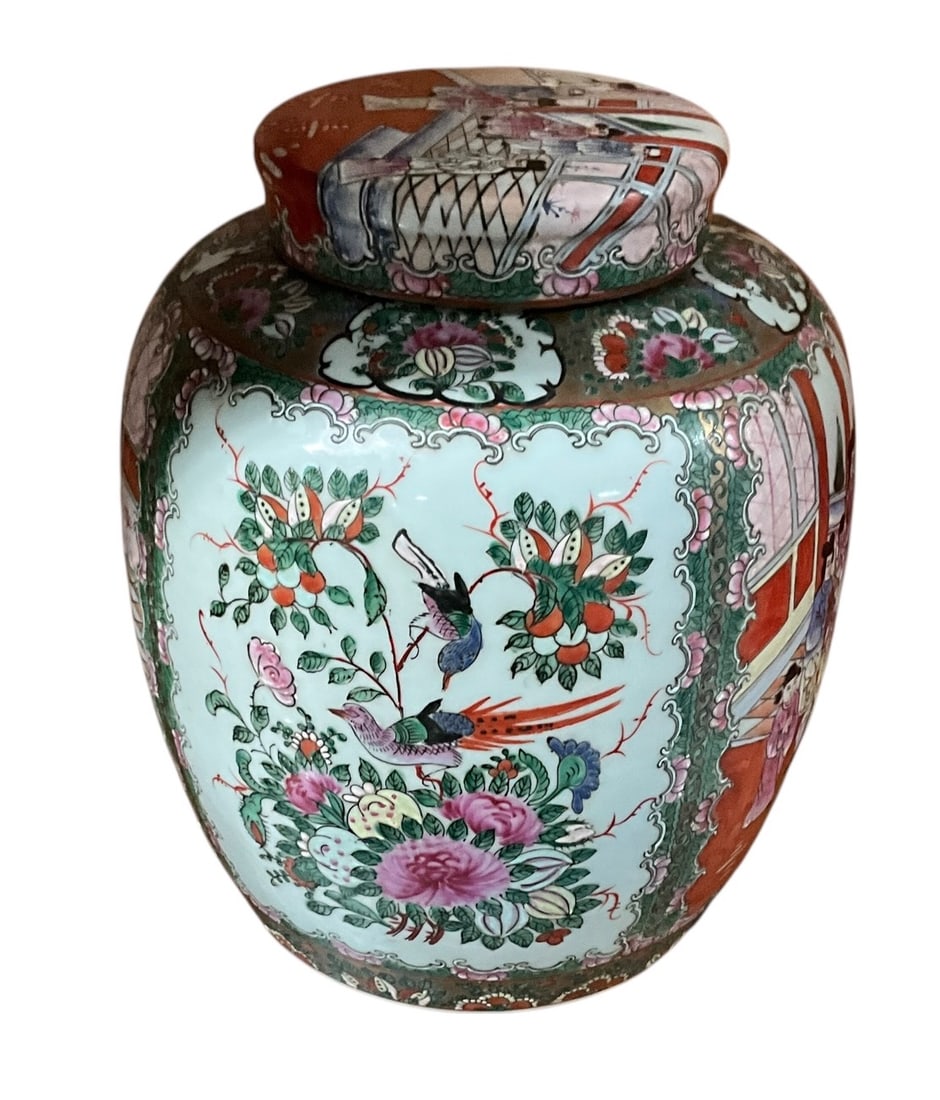 Chinese Porcelain Ginger Jar, Famille Rose Pattern: Chinese Porcelain Ginger Jar, Famille Rose Pattern (Sometime called "Rose Medallion), featuring alternating panels depicting figures in traditional domestic or imperial scenes and panels with birds an
