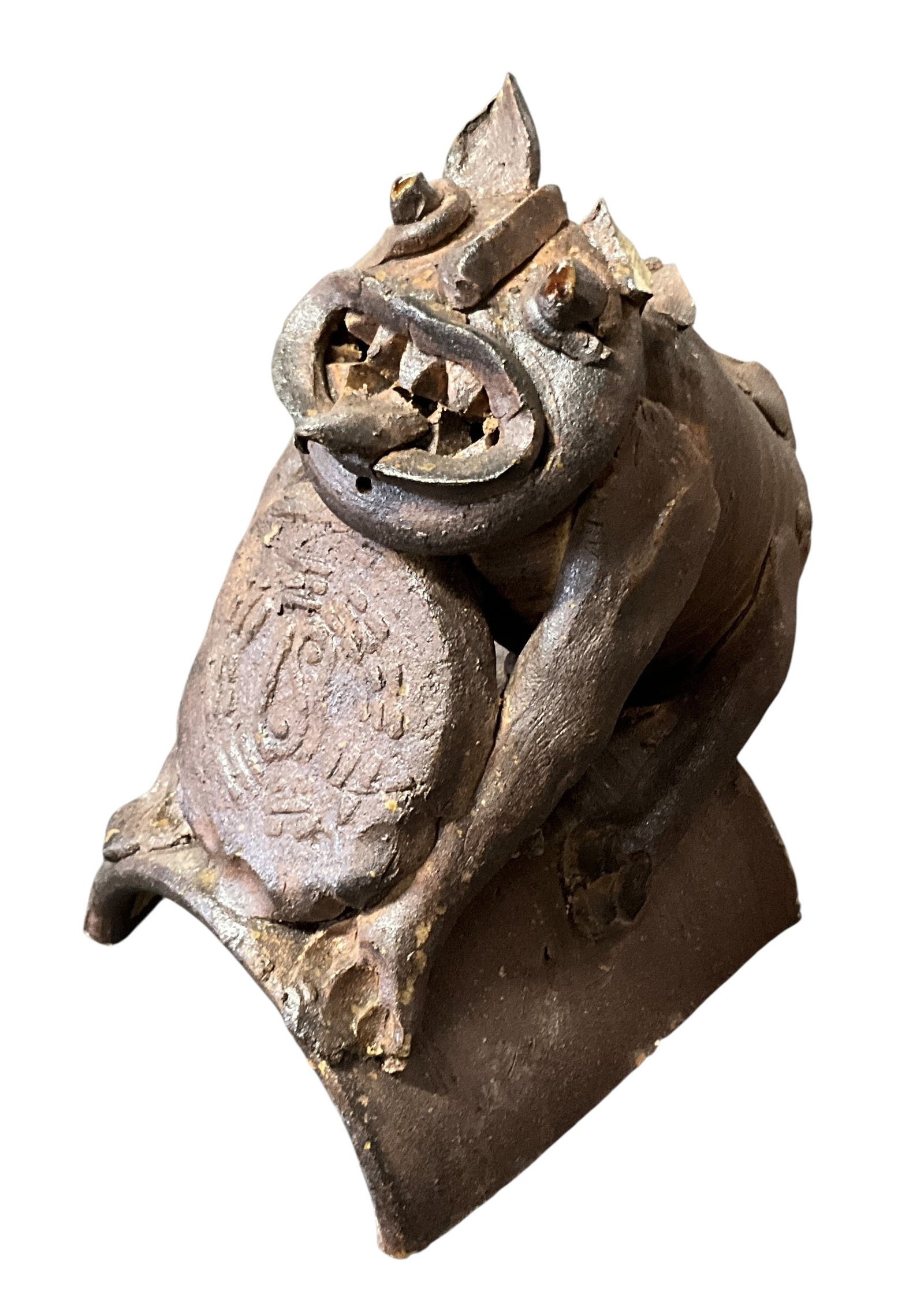 Chinese Guardian Clay Roof Tile Figure: Chinese Guardian Clay Roof Tile Figure. A Lokapala Guardian figure specifically designed to ward off malevolent spirits and provide positive energy to the Buddhist temples and homes they protect. From