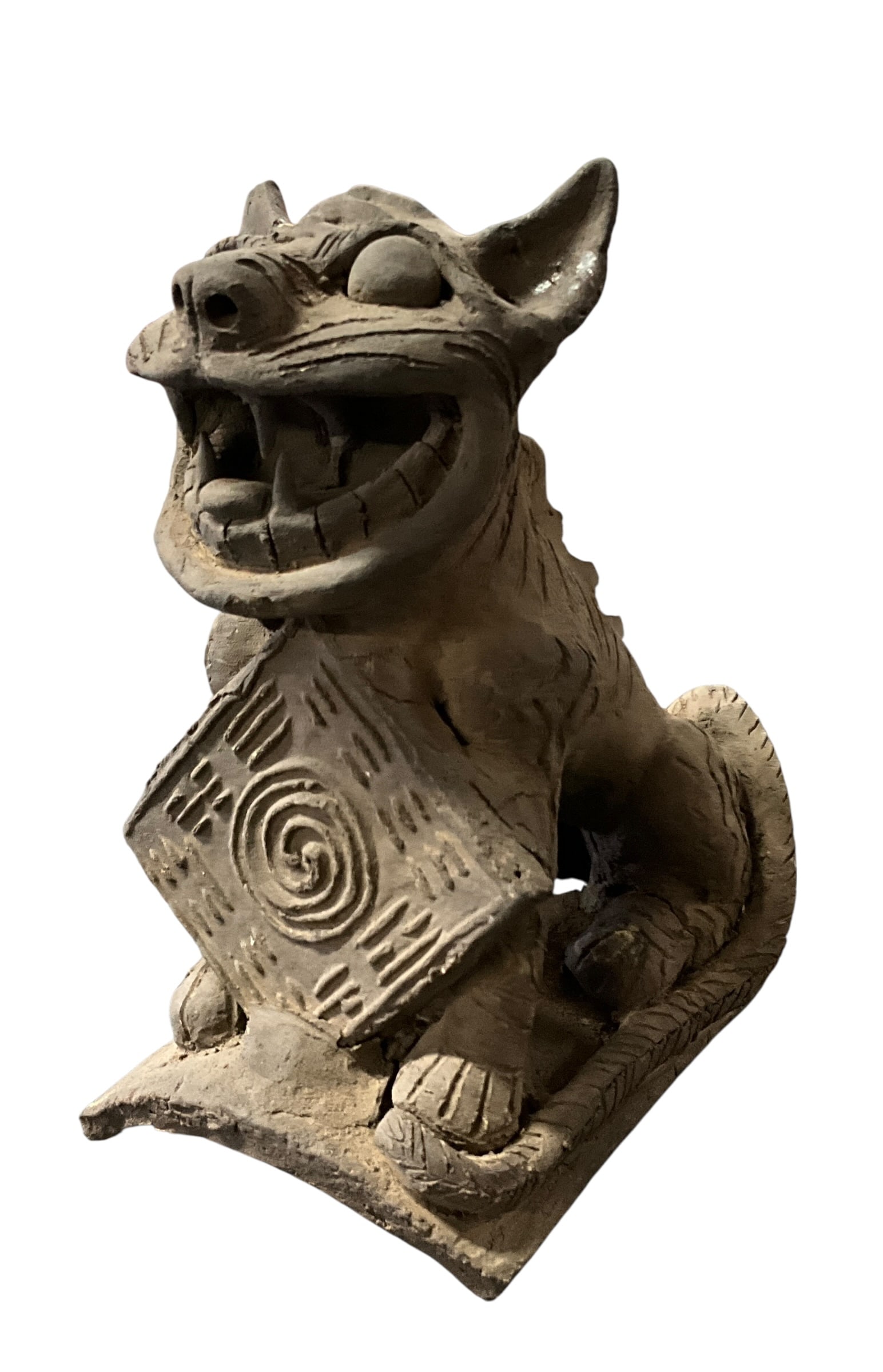 Chinese Guardian Clay Roof Tile Figure: Chinese Guardian Clay Roof Tile Figure. A Lokapala Guardian figure specifically designed to ward off malevolent spirits and provide positive energy to the Buddhist temples and homes they protect. This