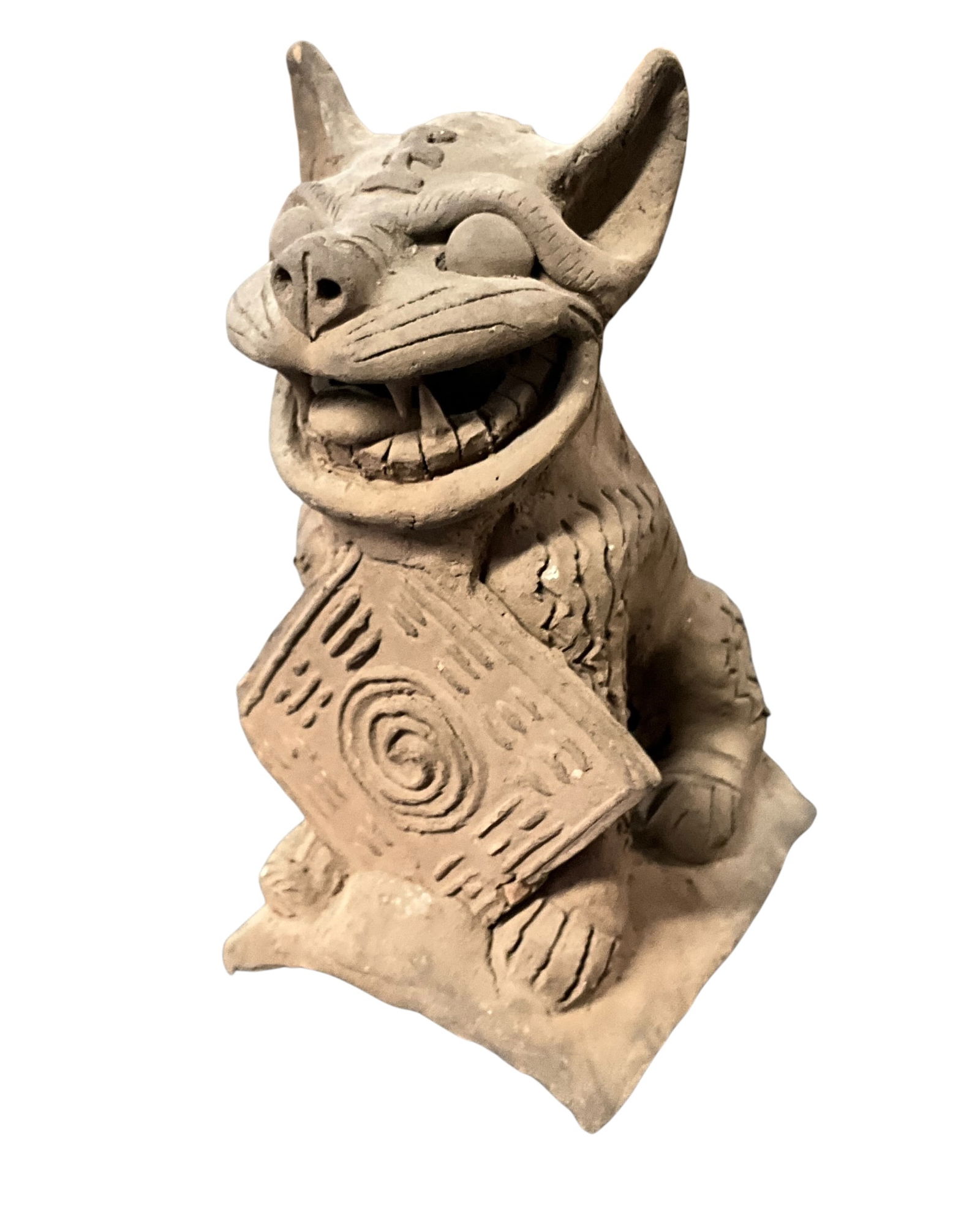 Chinese Guardian Clay Roof Tile Figure: Chinese Guardian Clay Roof Tile Figure. A Lokapala Guardian figure specifically designed to ward off malevolent spirits and provide positive energy to the Buddhist temples and homes they protect. This