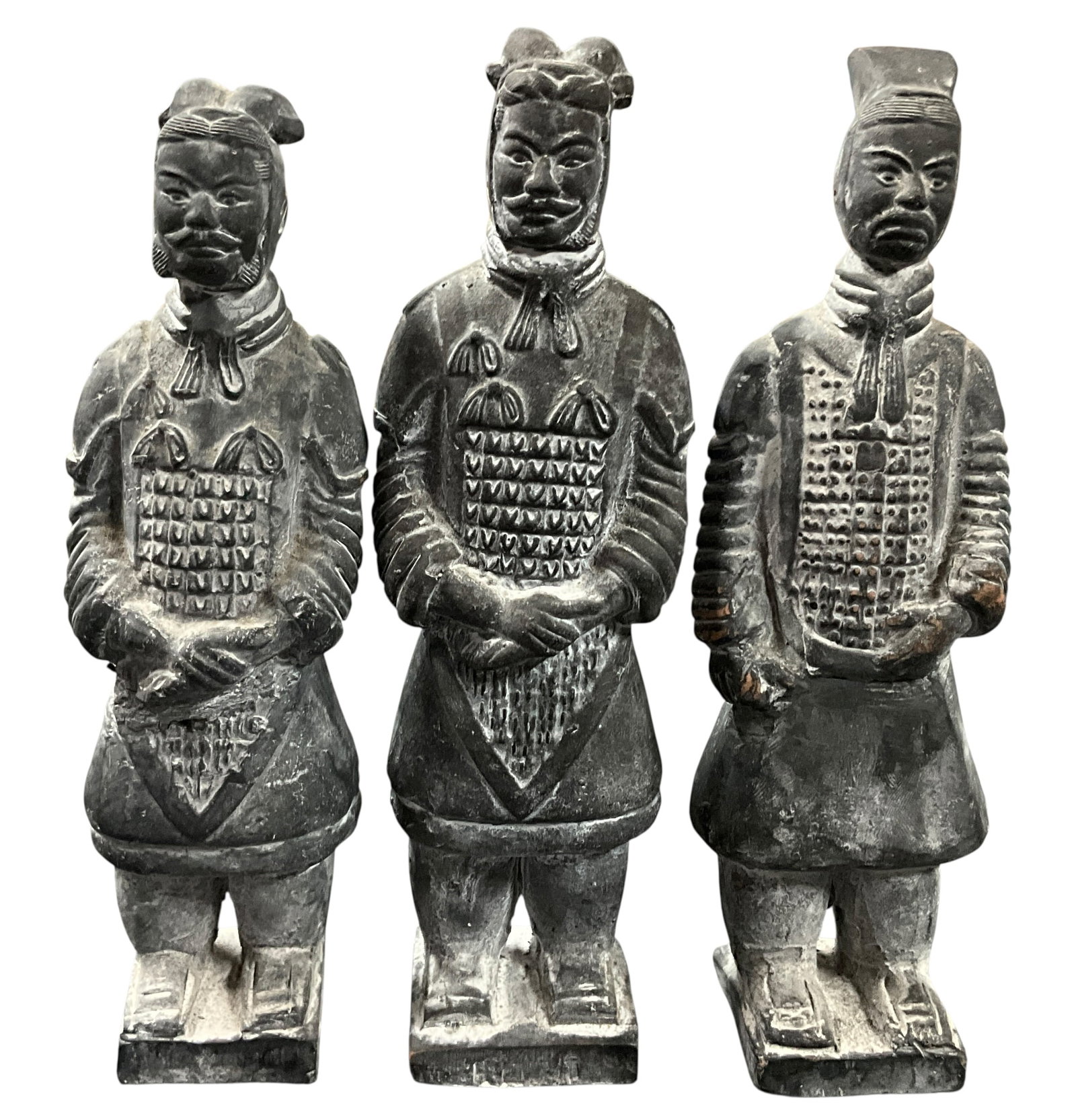 Trio of Chinese Terracotta Warriors Replicas: Trio of Chinese Terracotta Warriors Replicas. These are miniature replicas of the famous terracotta soldiers of Emperor Qin Shi Huang, discovered outside Xi'an China in 1974. These standing figures ar