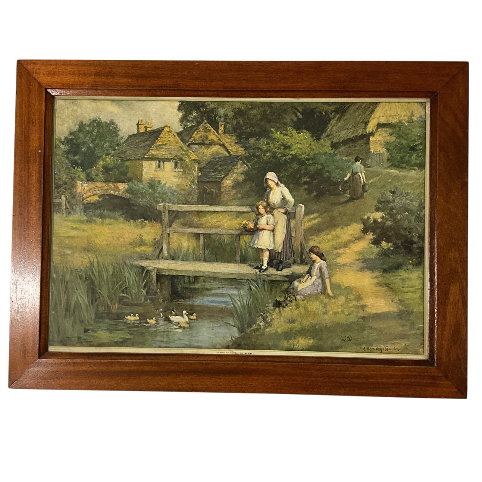 Victorian Pastoral Print in a Rustic Walnut Frame: Victorian Pastoral Print in a Rustic Walnut Frame. An Idyllic farm scene in a simple walnut frame. Slight water staining at the bottom edge. 22" X 30.5" OA, and an image size of 17.25" X 25.375." Has