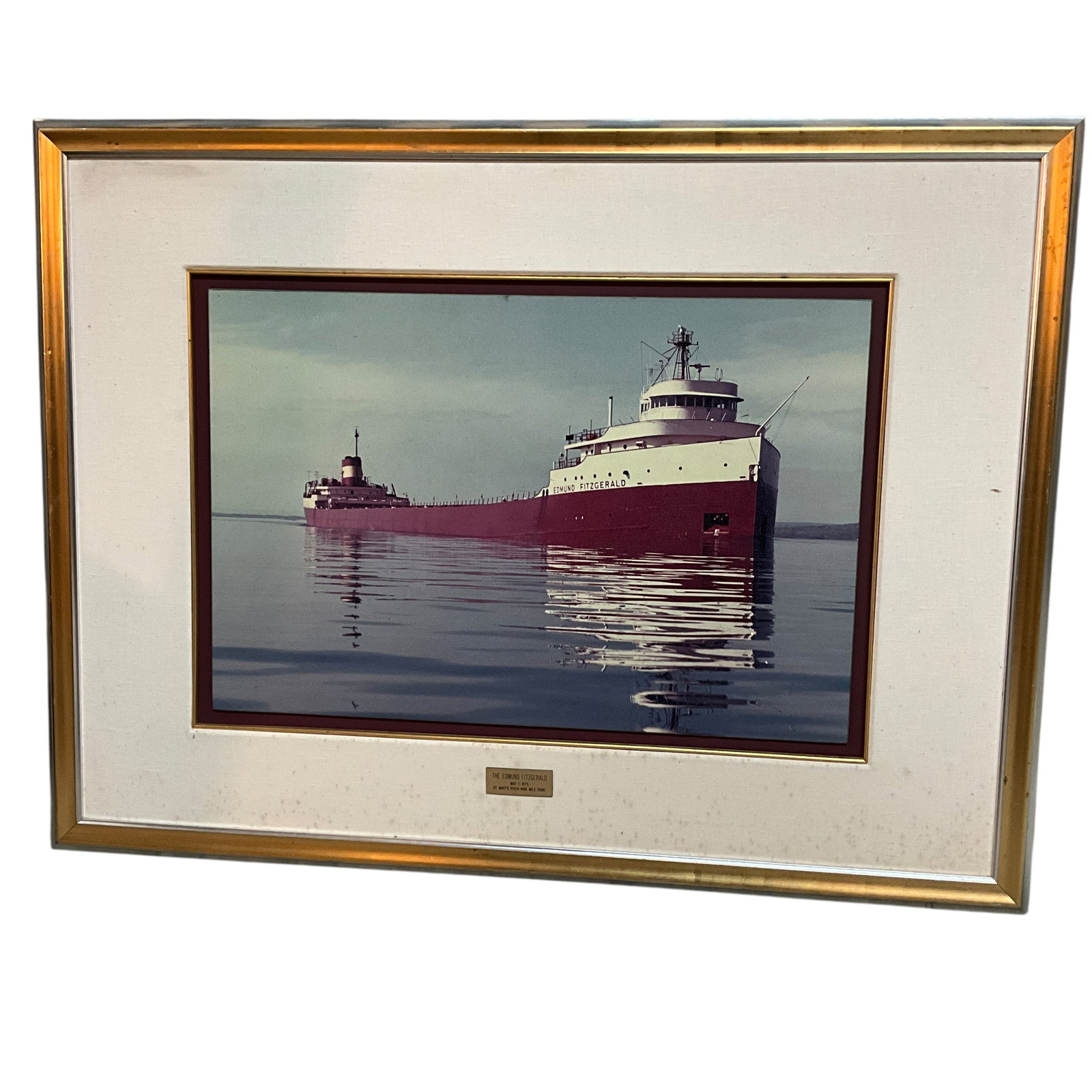 Large Format Framed Photograph of SS Edmund Fitzgerald: Large Format Framed Photograph of SS Edmund Fitzgerald. Plaque on the front states that the photograph was taken on May 7, 1975, at Nine Mile Point in St. Mary's River, near Sault Ste. Marie. This wou