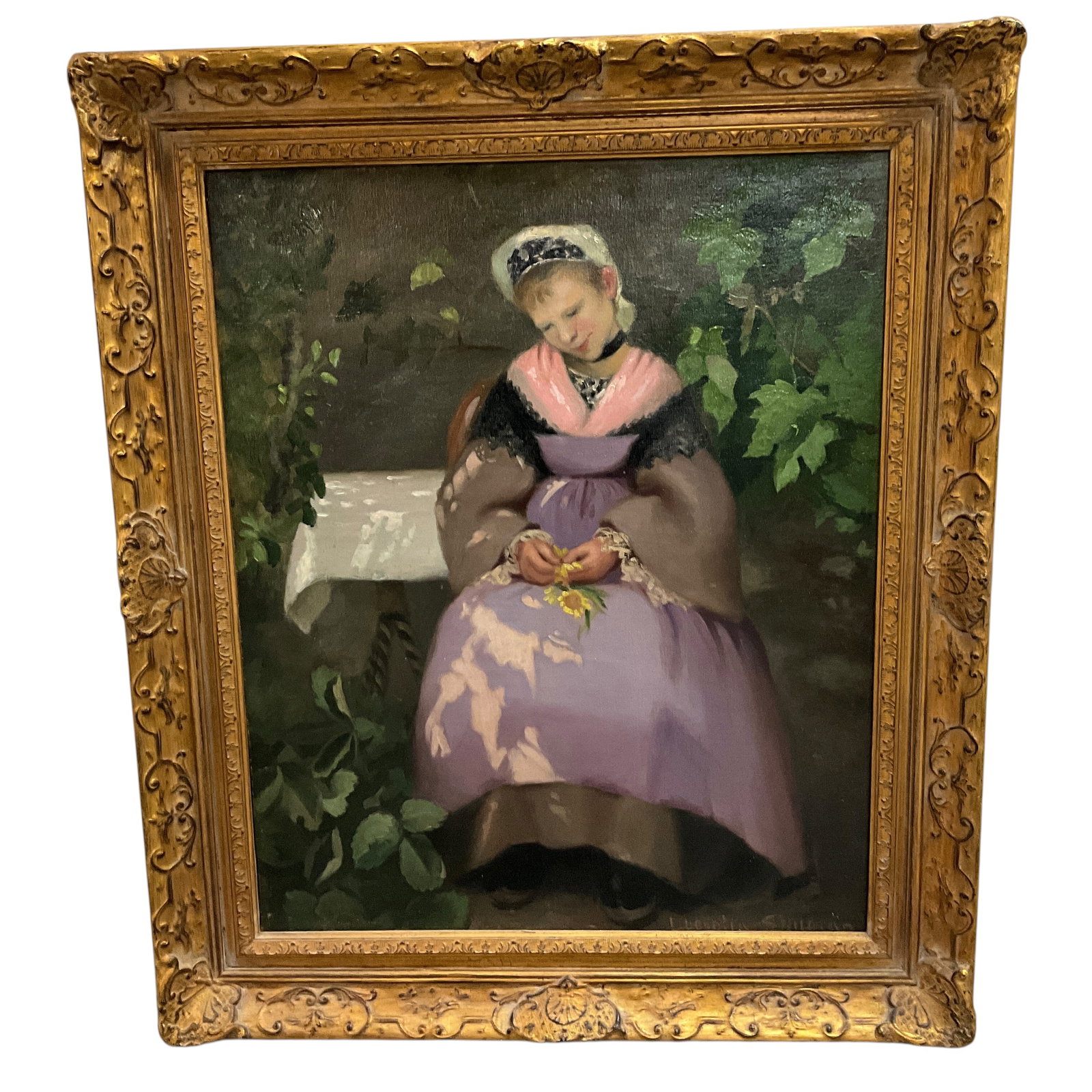 Lucretia Shulman, Untitled Oil on Canvas: Lucretia Shulman, Untitled Oil on Canvas. This painting depicts a young girl in traditional European dress, seated in a sun dappled yard. This painting is technically very good, though we have been un