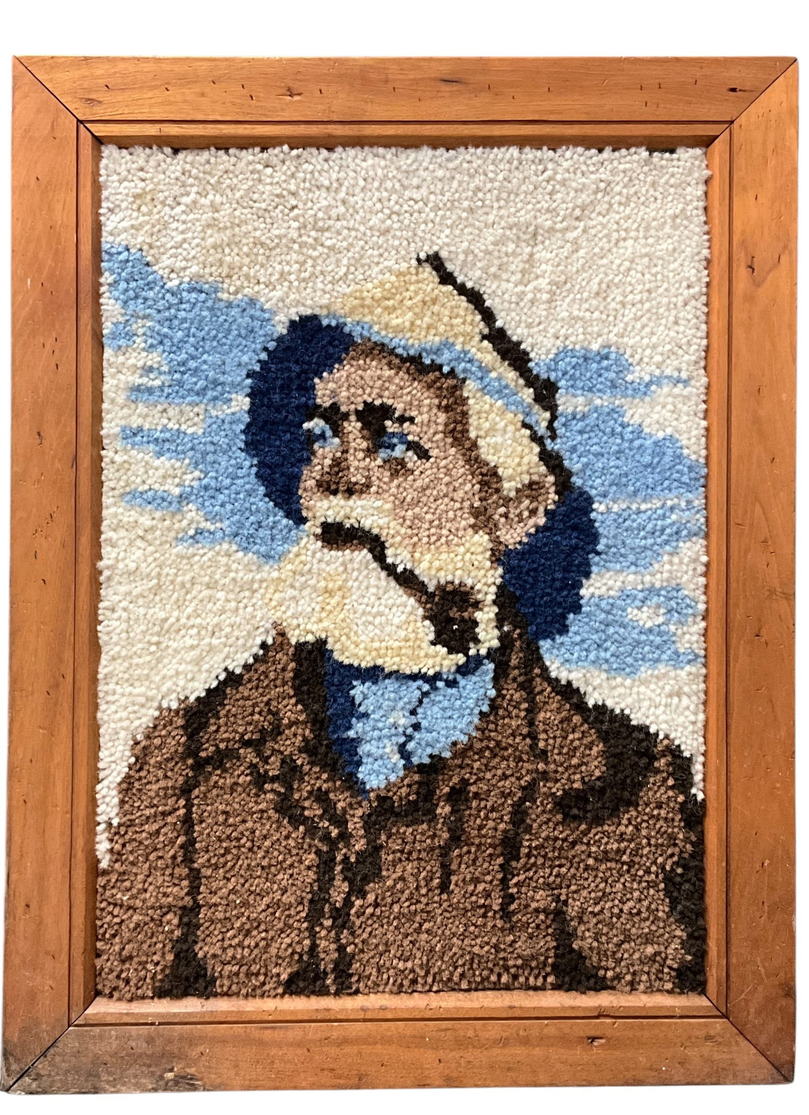 Framed Hooked Rug: Framed Hooked Rug. Old sailor with pipe. Measures 32.5" X 24.5" OA.