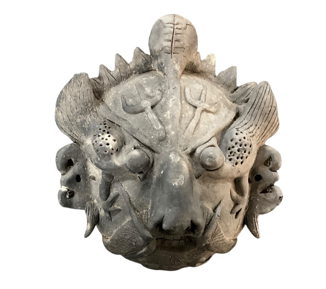 Ceramic Monster Mask, Southwestern China: Ceramic Monster Mask, Southwestern China. Vividly sculpted and painted mask, measuring approx. 8" high. From the collection of the Kruizenga Art Museum at Hope College, Holland, MI.