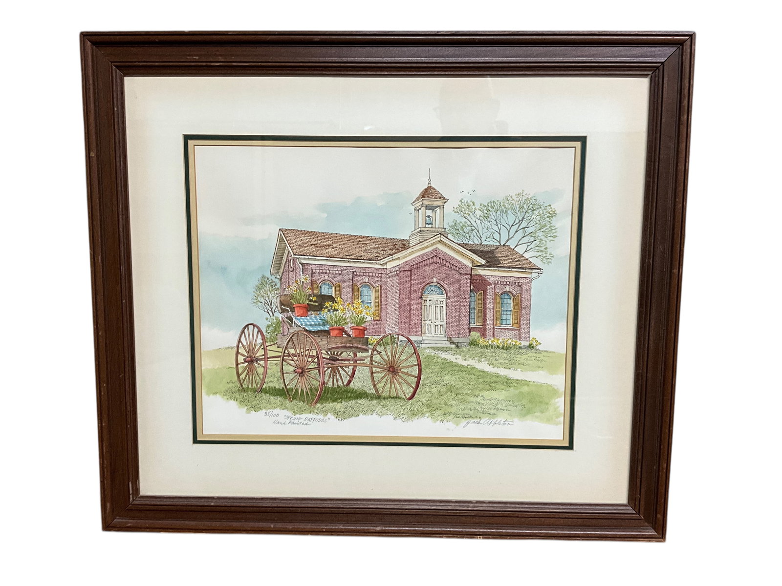 Jack Appleton (American, 1932-2016) "Spring Daffodils," Limited Edition Print (35/100) 1980: Jack Appleton (American, 1932-2016) "Spring Daffodils," Limited Edition Print (35/100) 1980. Hand colored print, featuring a wagon with daffodils in front of a historic building. Measures 25.5" X 29.5