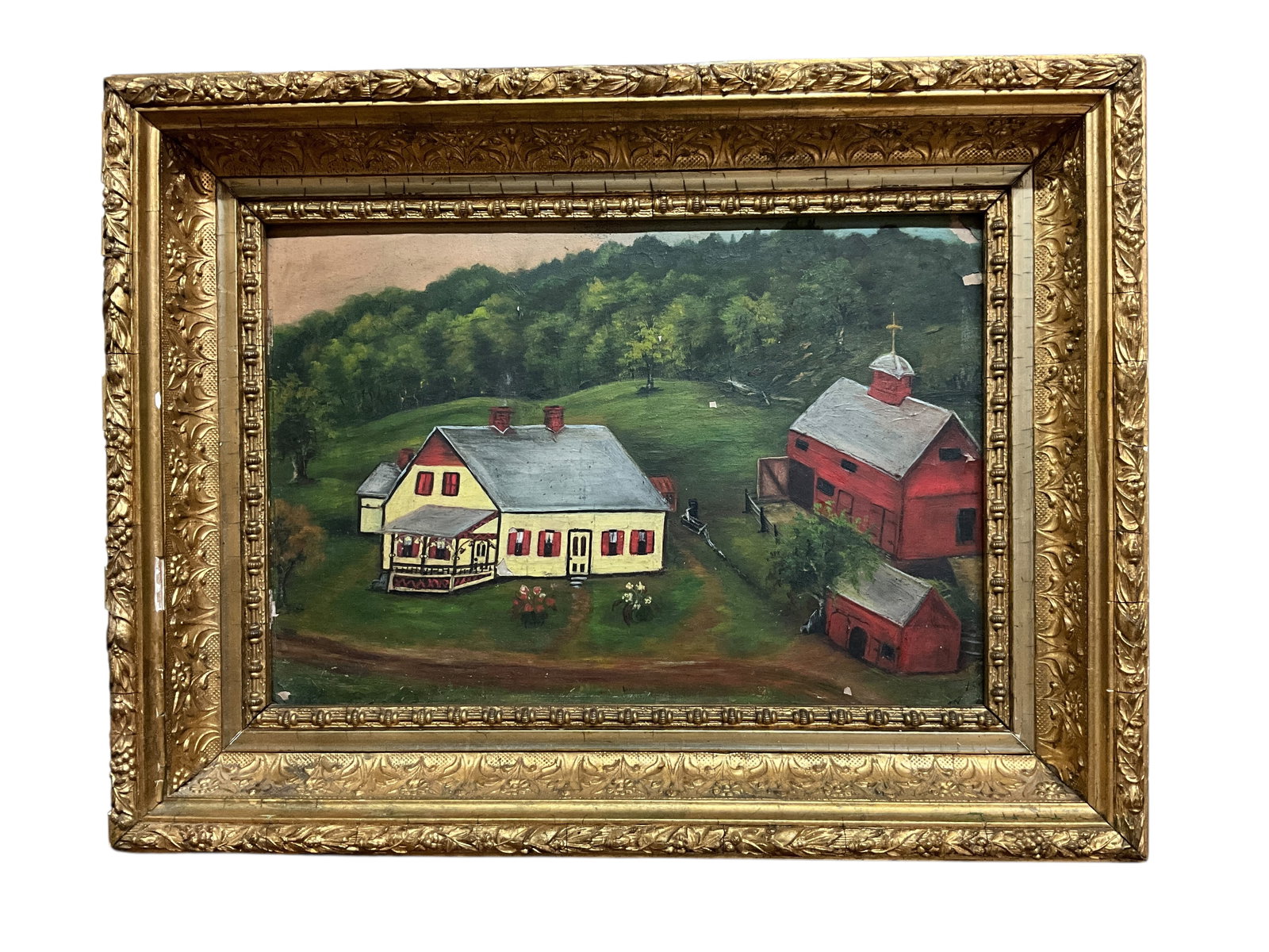 Outsider Art- Oil on Paperboard, Dated 1891: Outsider Art- Oil on Paperboard, Dated 1891. Primitive painting of a farmstead, signed at lower right (illegible/obscured). Some small areas of chipping/paint loss. In a 19th Century frame. Measures 1