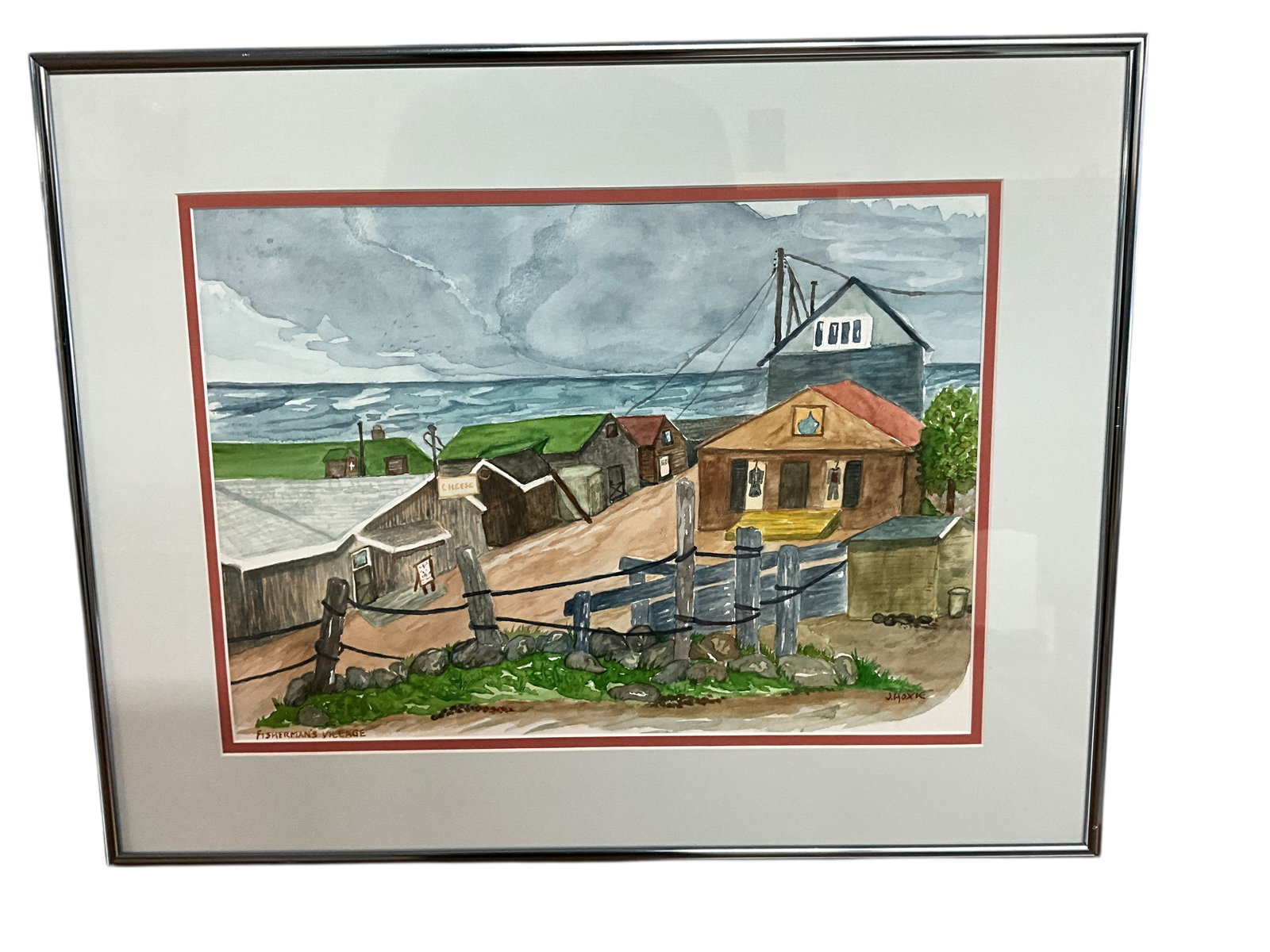 Outsider Art, Jeanne Hoxie (American 1914-2010), "Fisherman's Village," Watercolor on Paper: Outsider Art, Jeanne Hoxie (American, 1914-2010), "Fisherman's Village," Watercolor on Paper. Measures 16.75" X 21.25" OA, and 11" X 15.5" SS. Has not been removed from frame for examination.