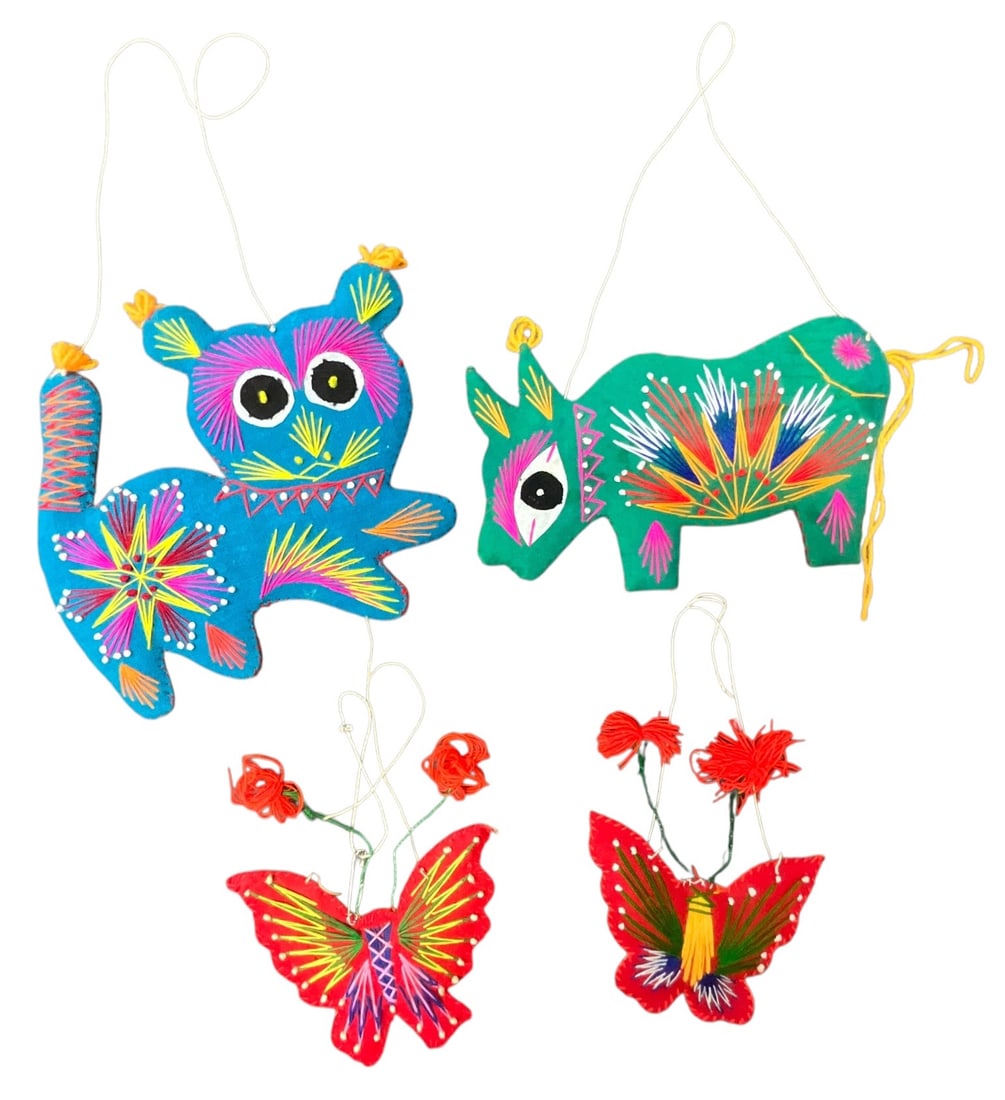 Colorful Chinese Animal Ornaments: Colorful Chinese Animal Ornaments. Four padded fabric ornaments- butterflies, cat, pig. Measuring approx. 4" to 7." From the collection of the Kruizenga Art Museum at Hope College, Holland, MI.