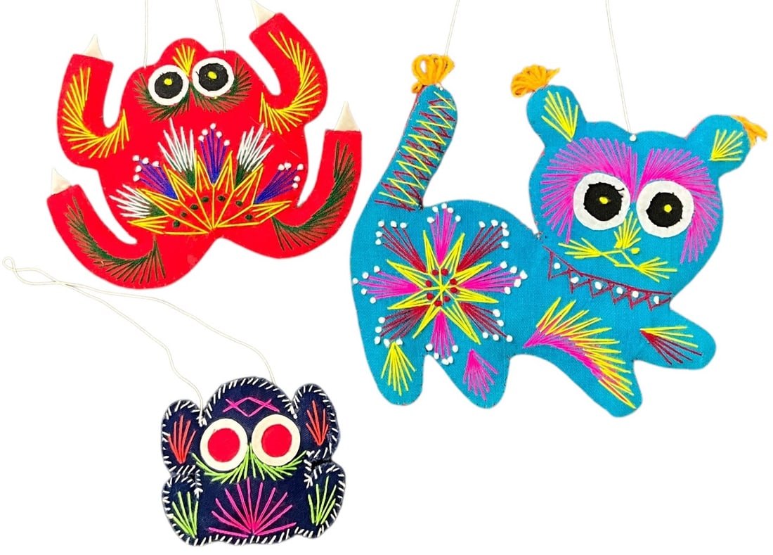 Colorful Chinese Animal Ornaments: Colorful Chinese Animal Ornaments. Three padded fabric ornaments- cat, frogs. Measuring approx. 5" to 7." From the collection of the Kruizenga Art Museum at Hope College, Holland, MI.