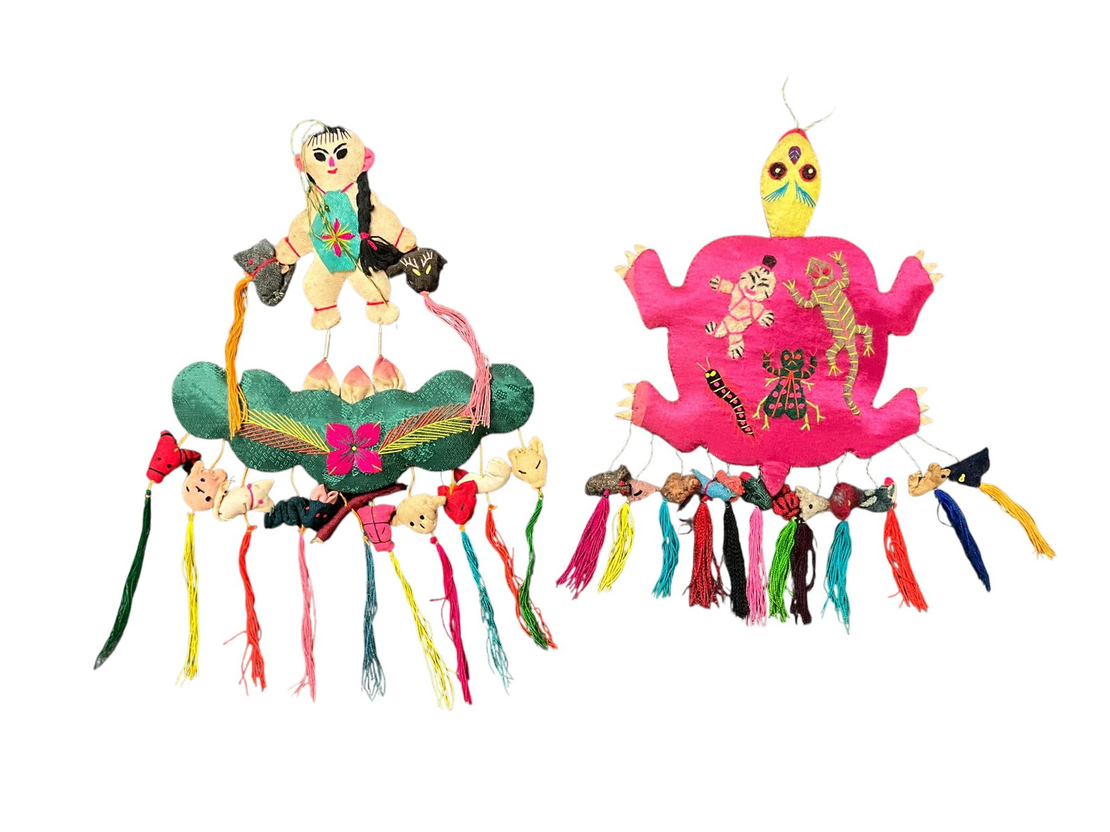 Colorful Chinese Animal Ornaments: Colorful Chinese People/Animal Ornaments. Two padded fabric ornaments- a child, and a turtle. Measuring approx. 5" to 6." From the collection of the Kruizenga Art Museum at Hope College, Holland, MI.