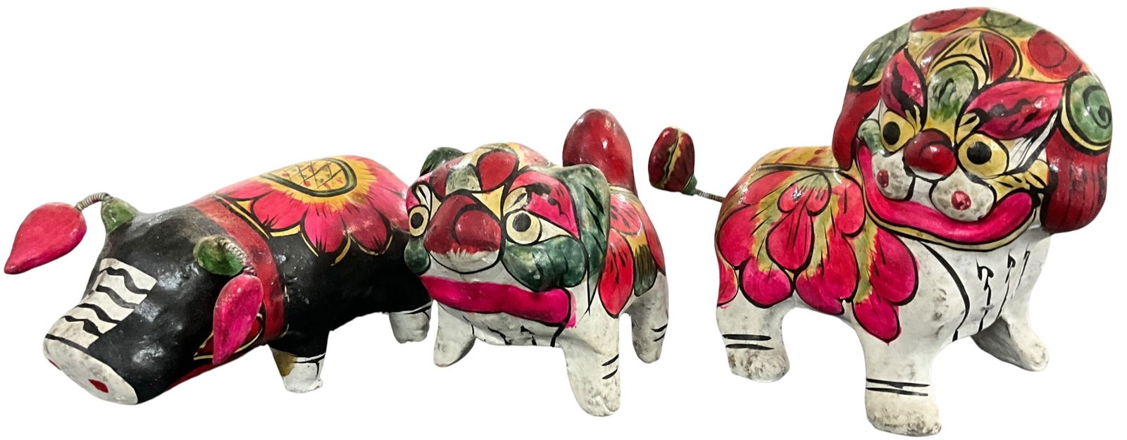 Three Chinese Painted Clay Animals: Three Chinese Painted Clay Animals- a 5" long pig, a 4.5" cat, and a 6" cat or lion. From the collection of the Kruizenga Art Museum at Hope College, Holland, MI.