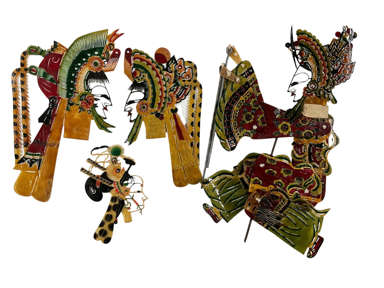 Chinese Shadow Puppet, Plus Puppet Pieces: Chinese Shadow Puppet, Plus Puppet Pieces. A complete shadow puppet, approx. 13" tall, and pieces from at least two others. From the collection of the Kruizenga Art Museum at Hope College, Holland, MI