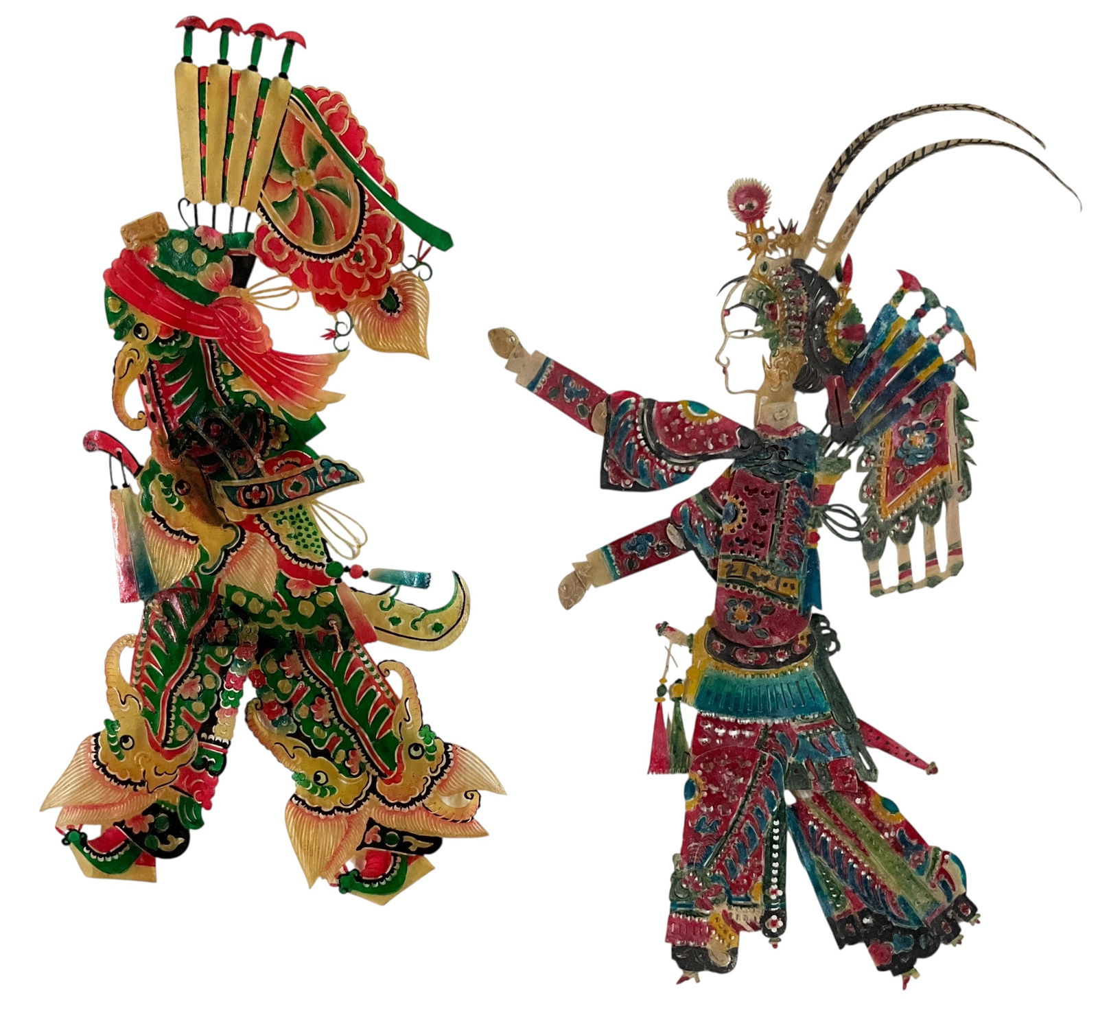 Pair of Chinese Shadow Puppets: Pair of Chinese Shadow Puppets. Measuring approx. 13" tall, these colorful and intricately detailed puppets represent a traditional Chinese art form dating back over a thousand years. From the