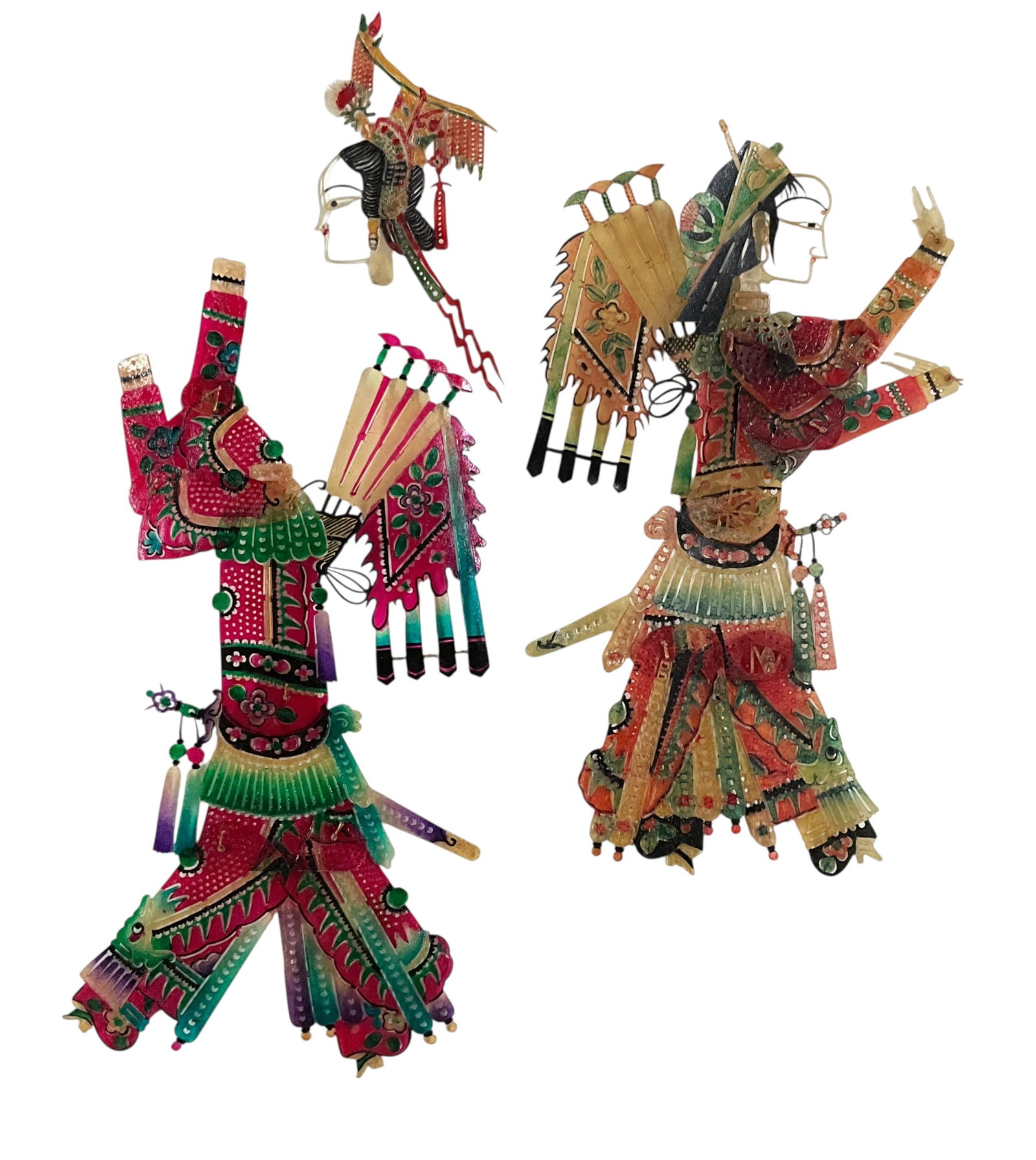 Pair of Chinese Shadow Puppets: Pair of Chinese Shadow Puppets. Measuring approx. 11" tall, these colorful and intricately detailed puppets represent a traditional Chinese art form dating back over a thousand years. From the
