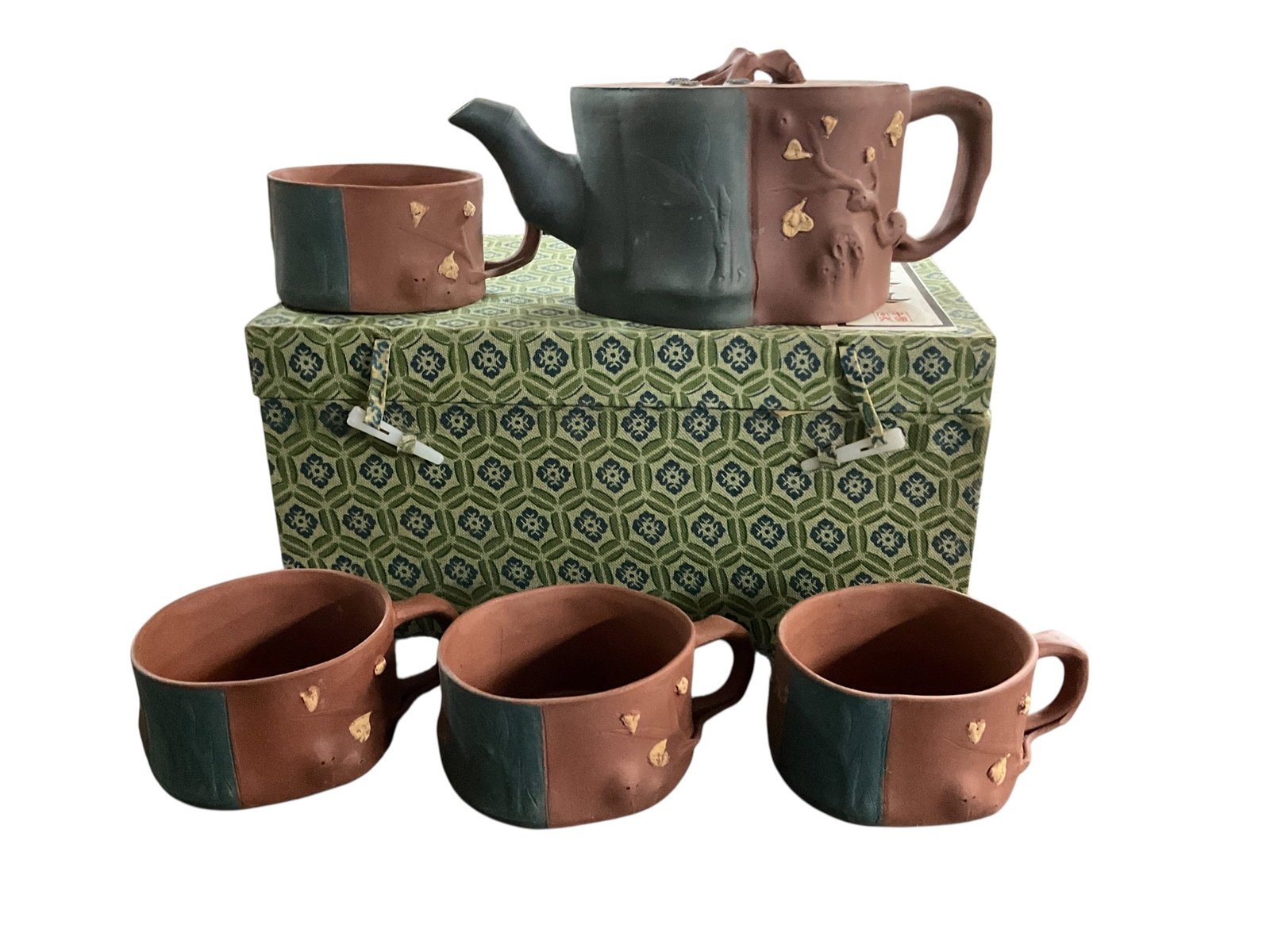 Chinese Yixing Tea Set: Chinese Yixing Tea Set- Also known as Zisha Ware, crafted from unglazed purple Yixing clay. The porous and unglazed clay is designed to absorb tea flavors over time to enhance future brews. Pot is app