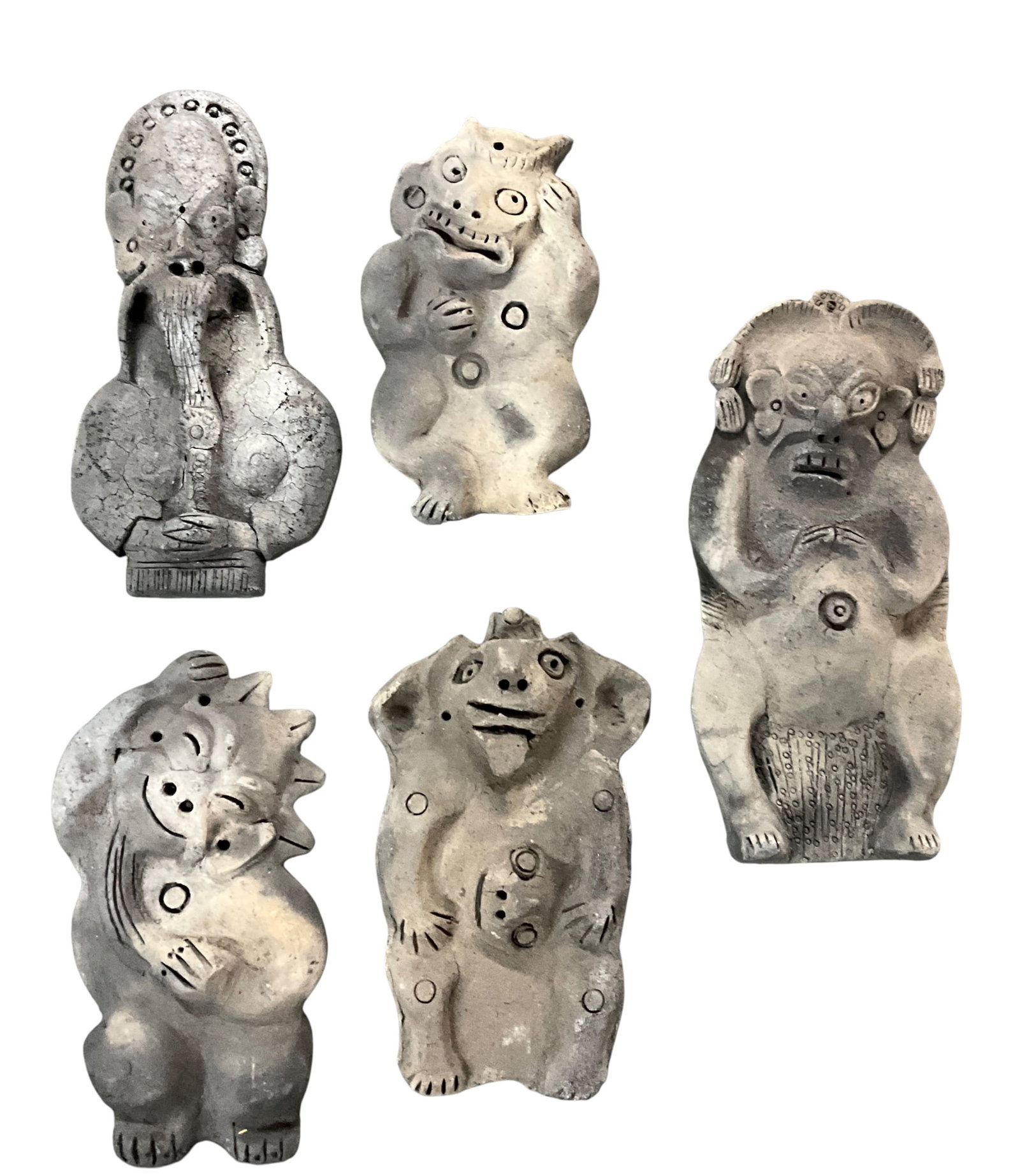 Five Chinese Clay Figures, Guizhou Province: Five Chinese Clay Figures, Guizhou Province. Ancient style effigy figures, ranging from 8" to 11" tall. From the collection of the Kruizenga Art Museum at Hope College, Holland, MI.